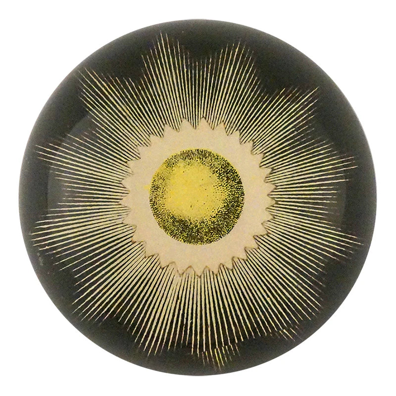 Decorative glass paperweight with concentric circles and a yellow center on a white background