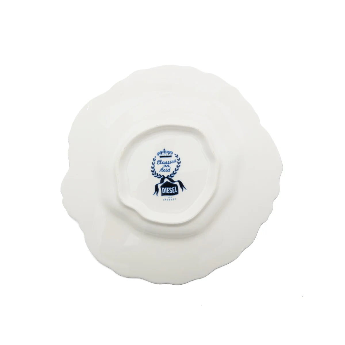 White ceramic plate with a logo on a white background