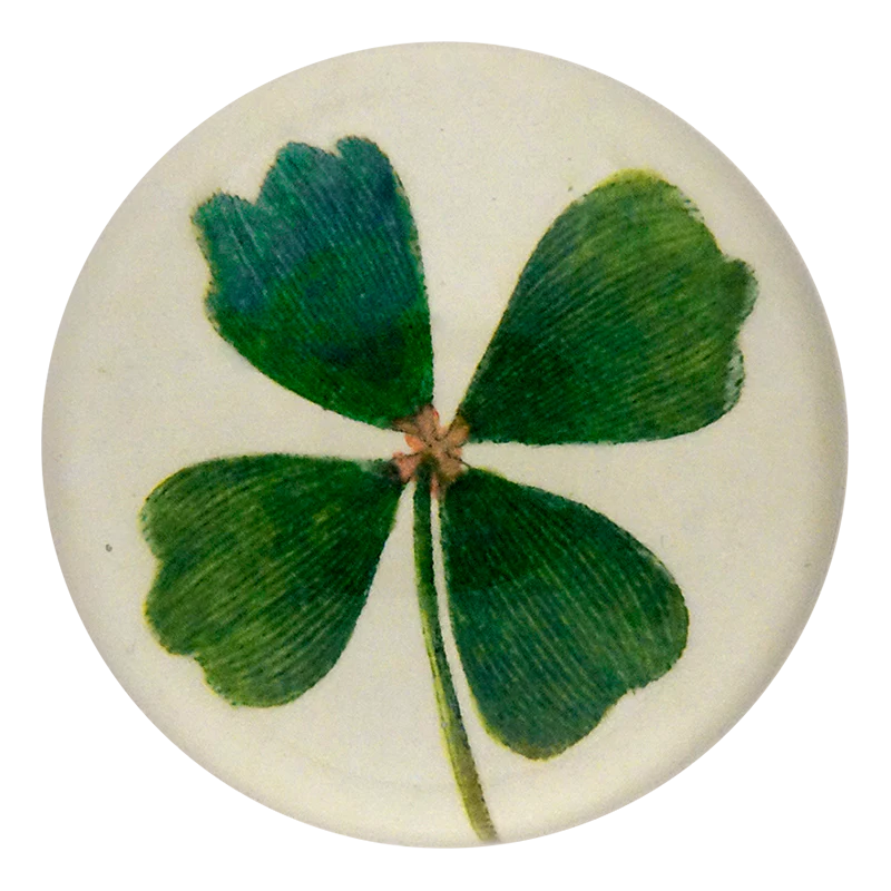 Round object with a green four-leaf clover design on a white background