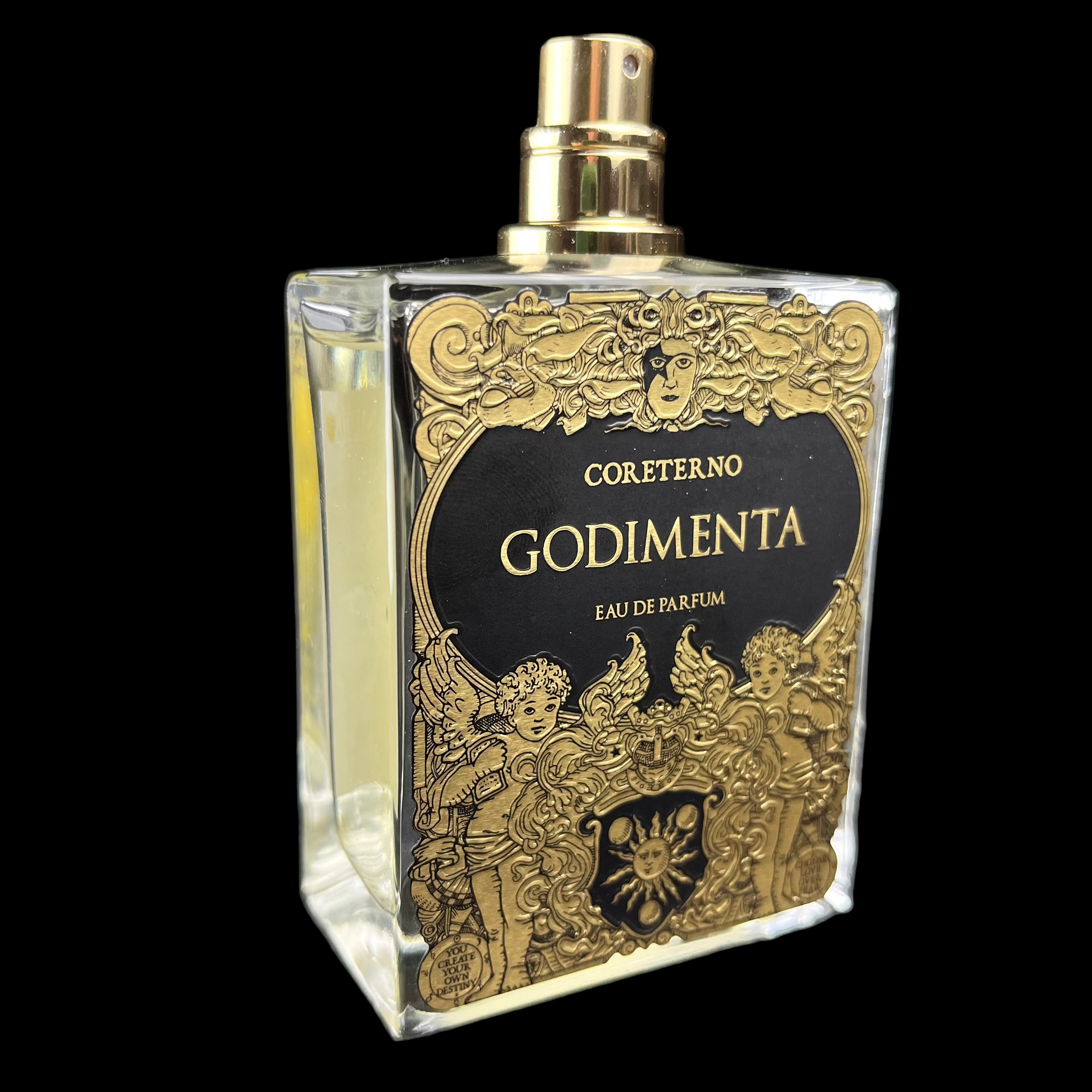 Perfume bottle with intricate gold and black design on a dark background