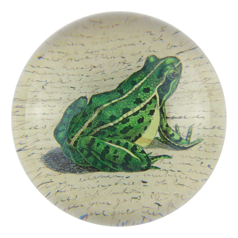 Round paperweight with a green frog illustration on a textured background