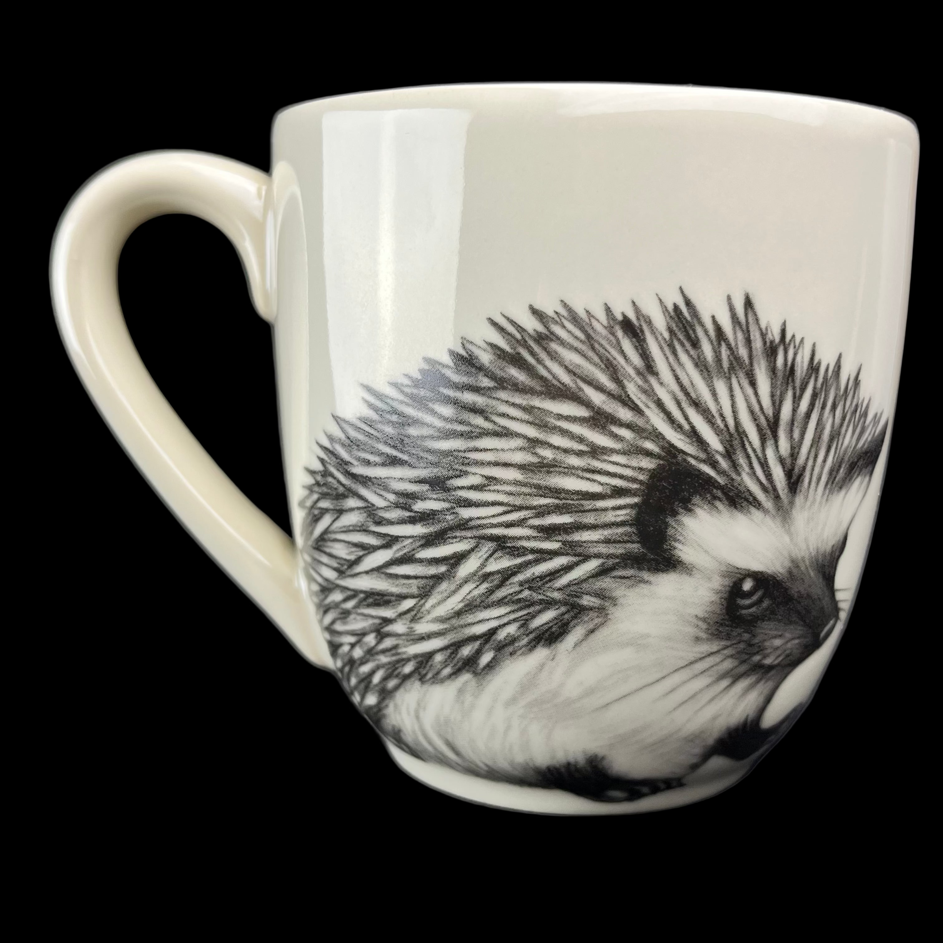White mug with a black and white illustration of a hedgehog on a dark background