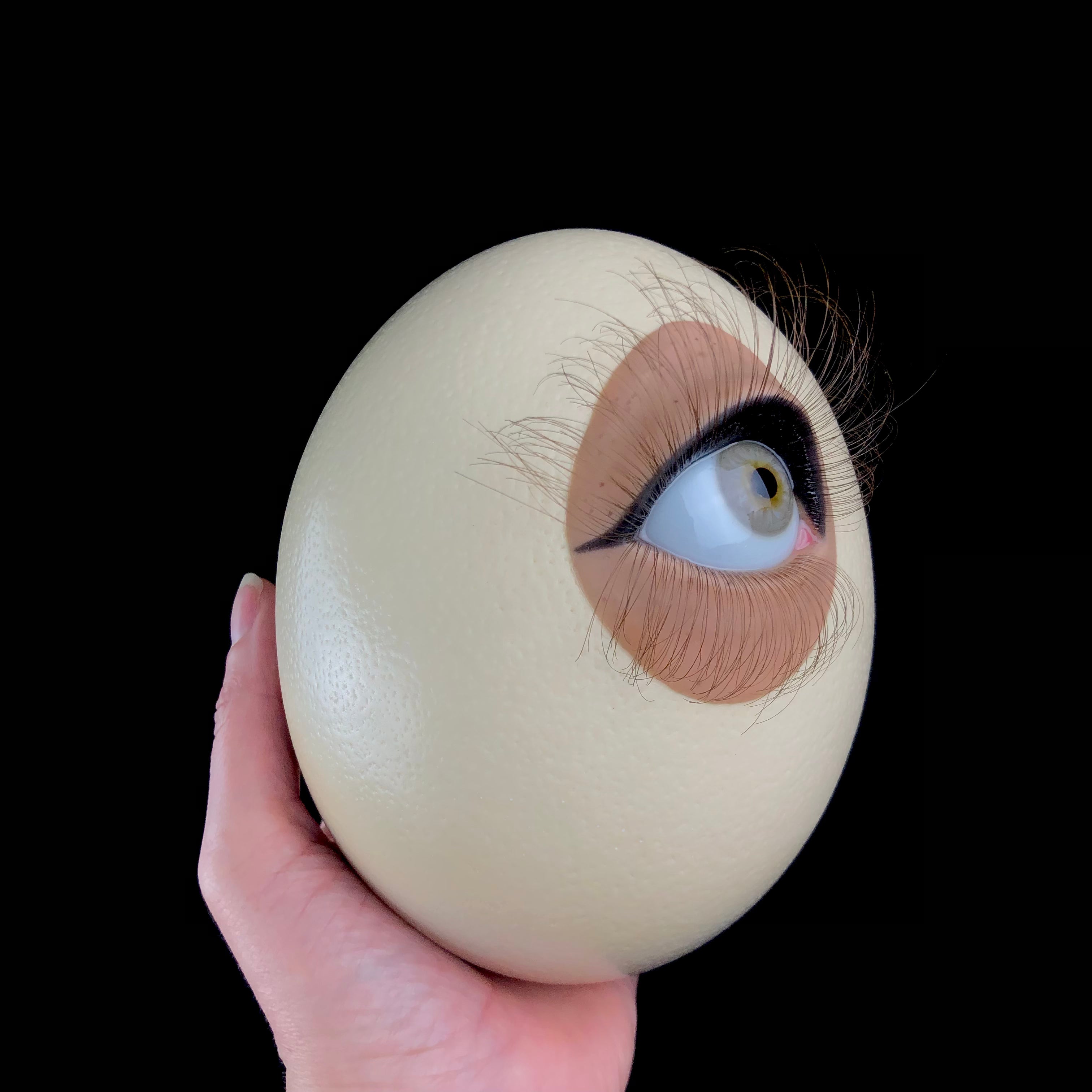 Side view of Olly the Ostrich Egg shown in hand