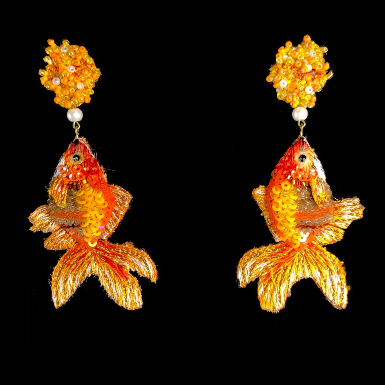 Orange and yellow beaded mirrored Goldfish earrings