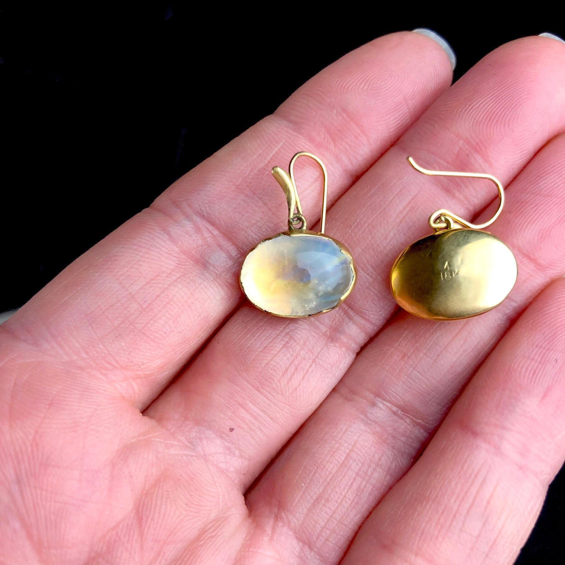 Rainbow Moonstone Eggshell Earrings shown in hand