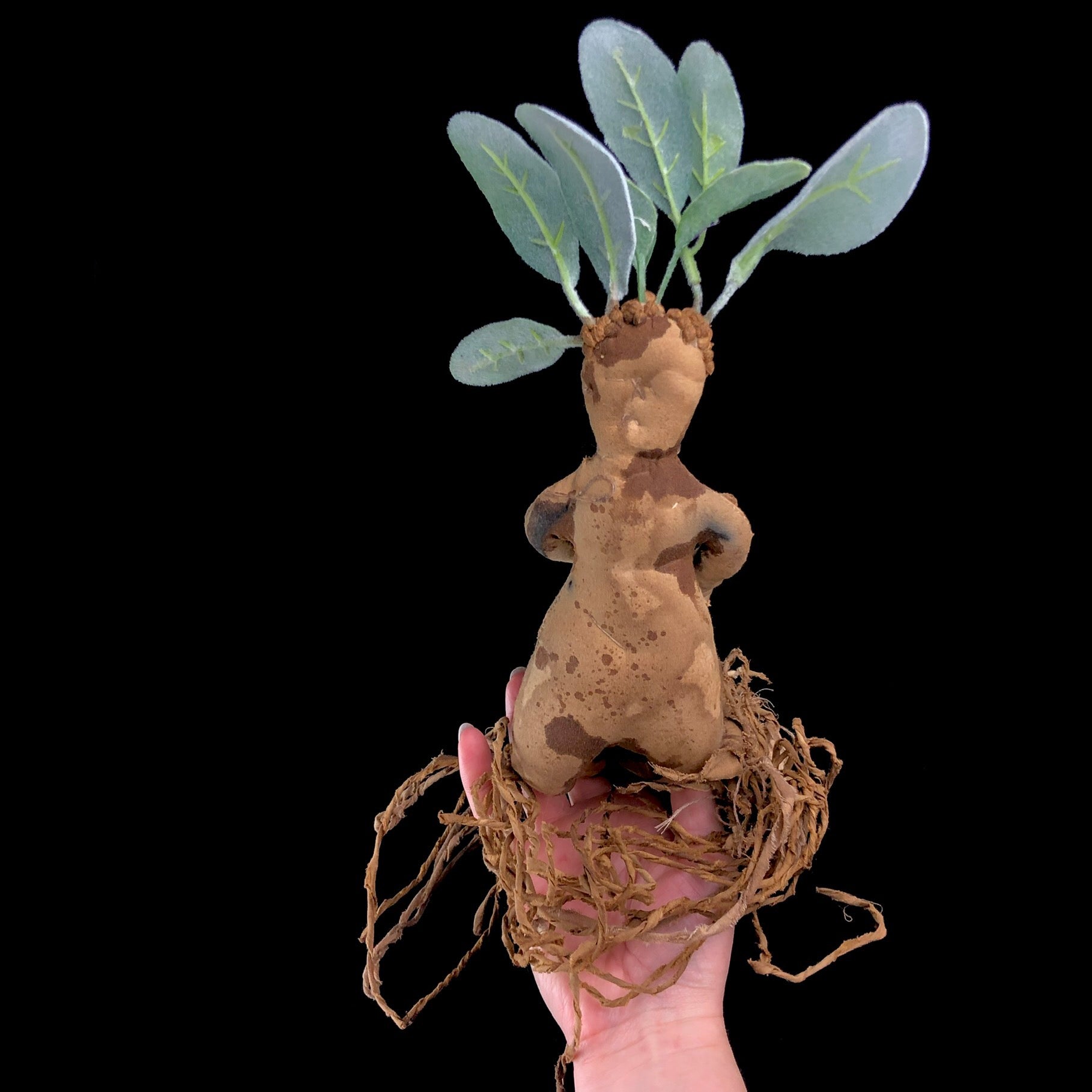 Back view of brown rootlike creature with green leaves on its head 