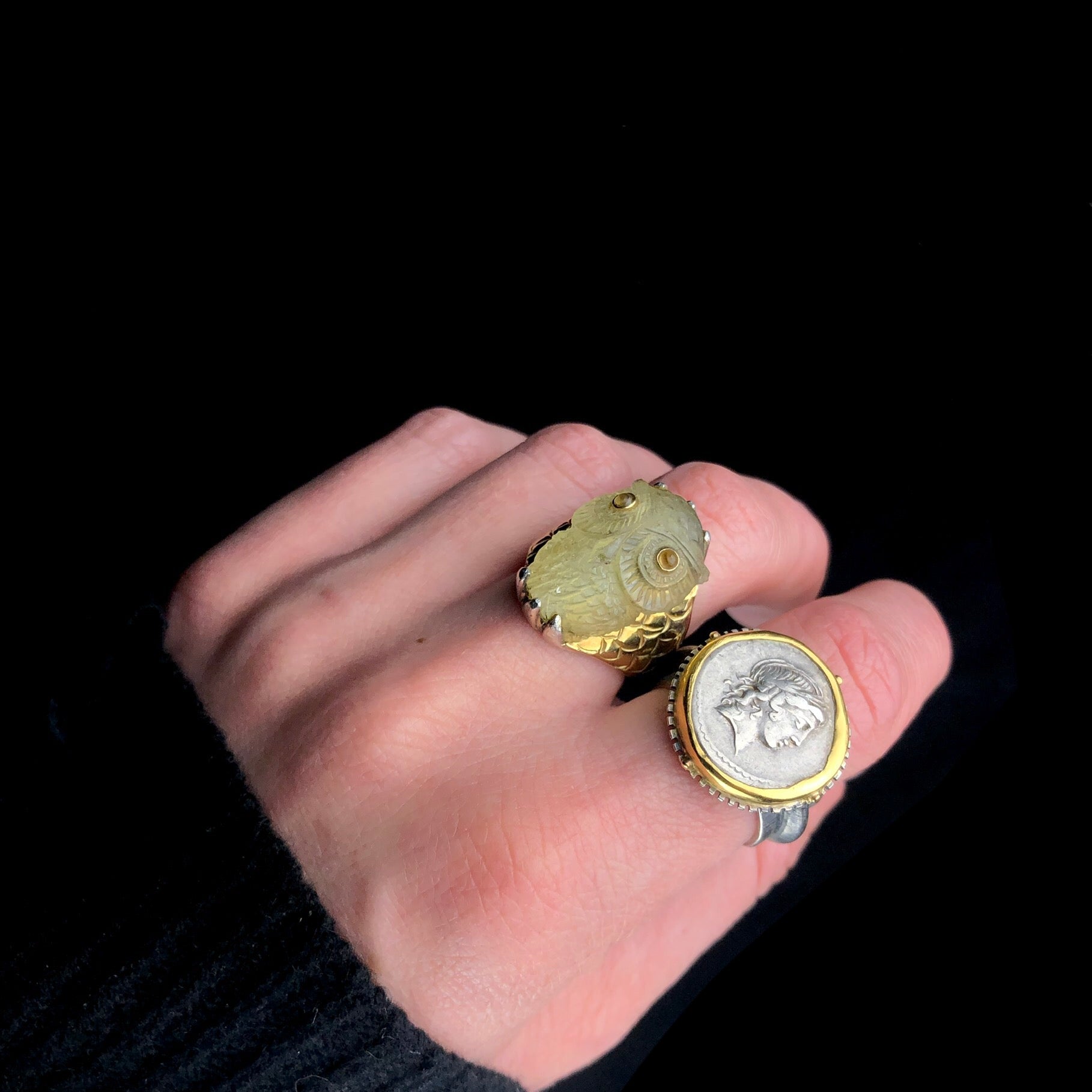 Silver Denarius Coin Ring shown worn on pointer finger with yellow Desert Glass Owl ring