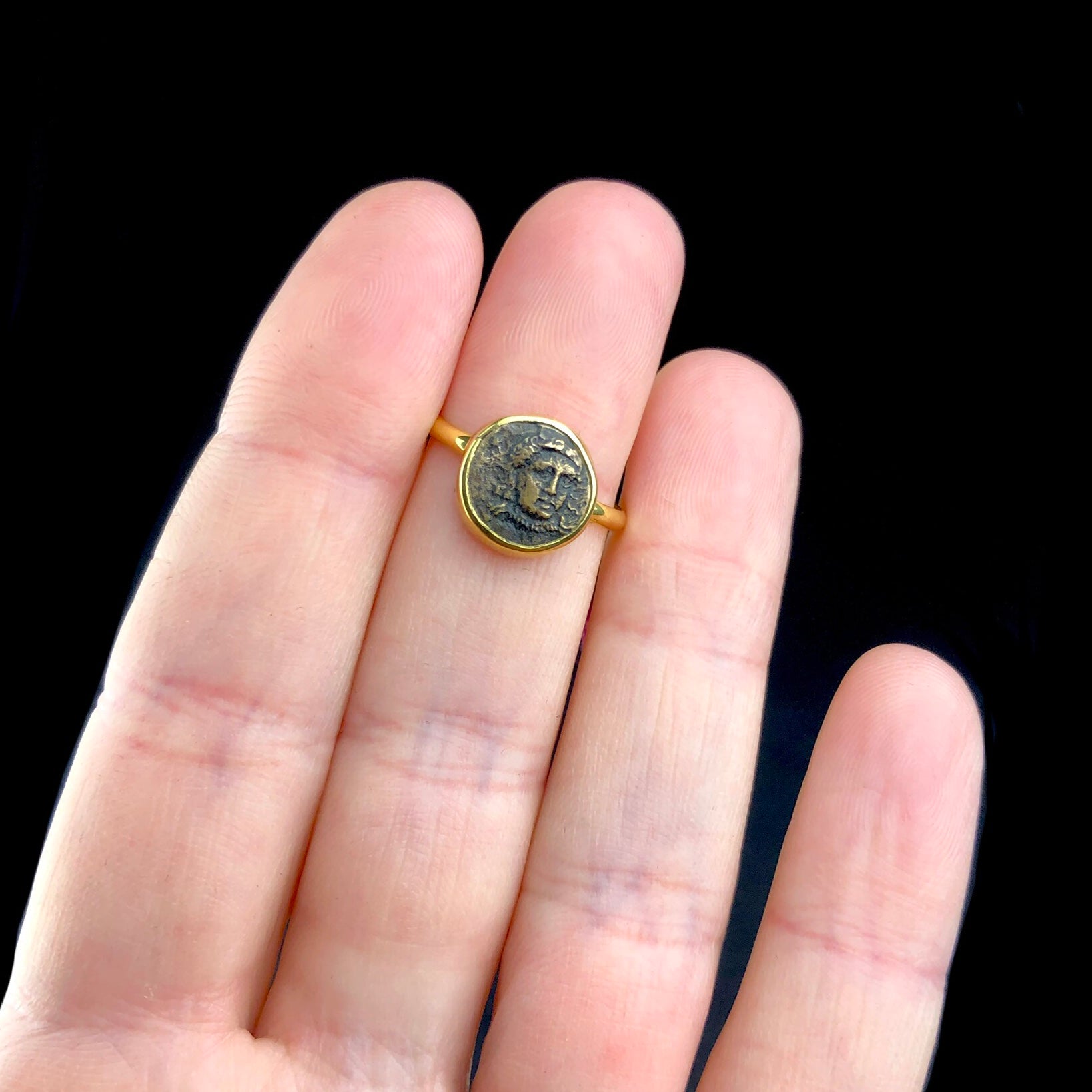 Ancient Greek Coin Ring shown on hand