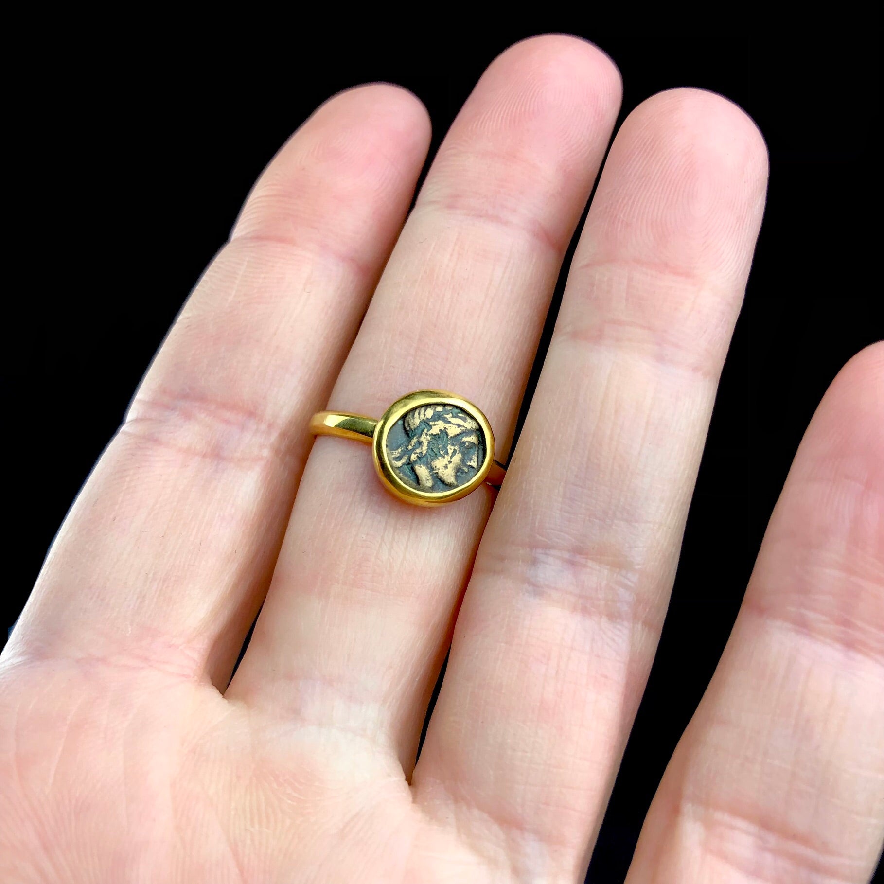 Ancient Greek Coin Ring shown in hand
