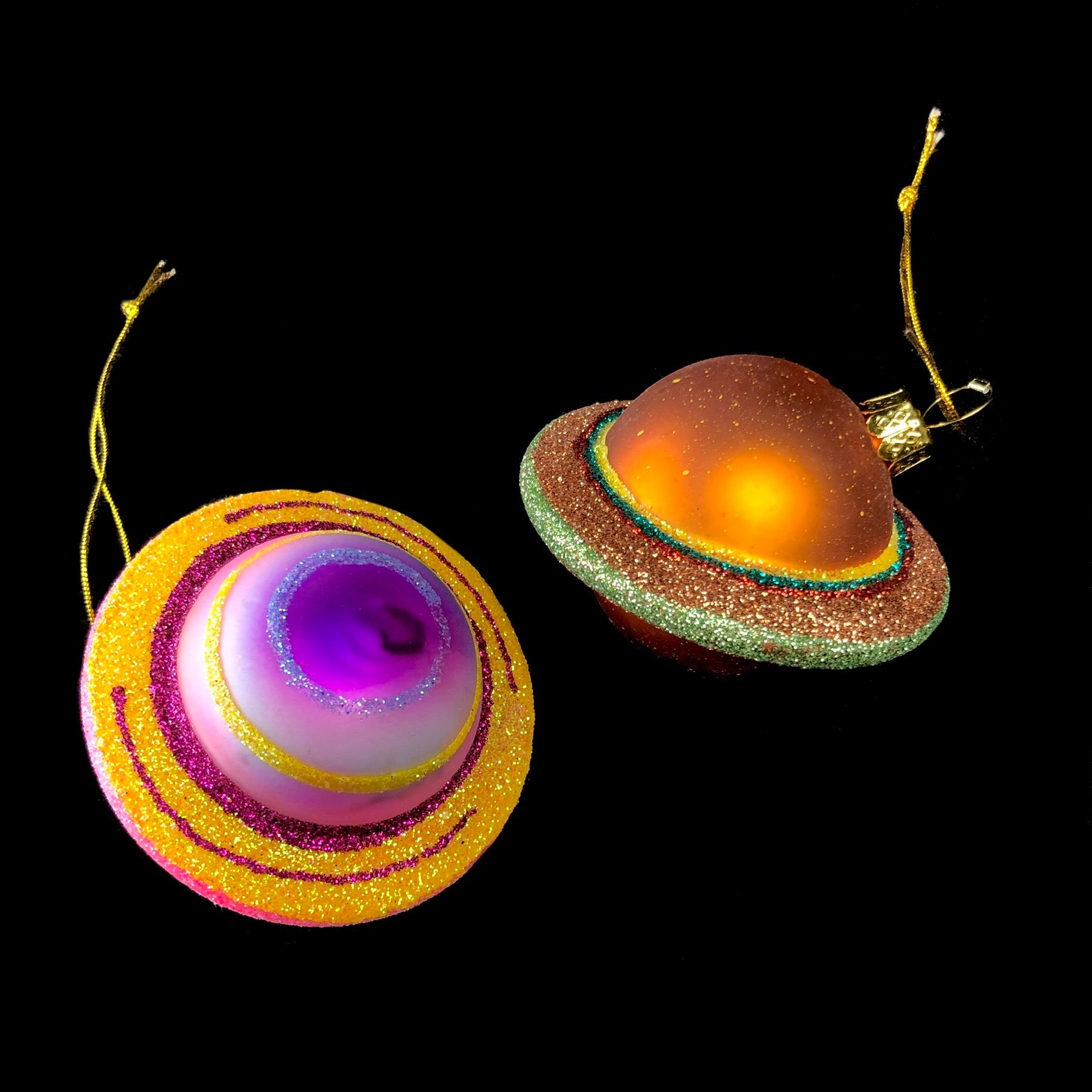 Glittery Pink and Copper Saturn ornaments