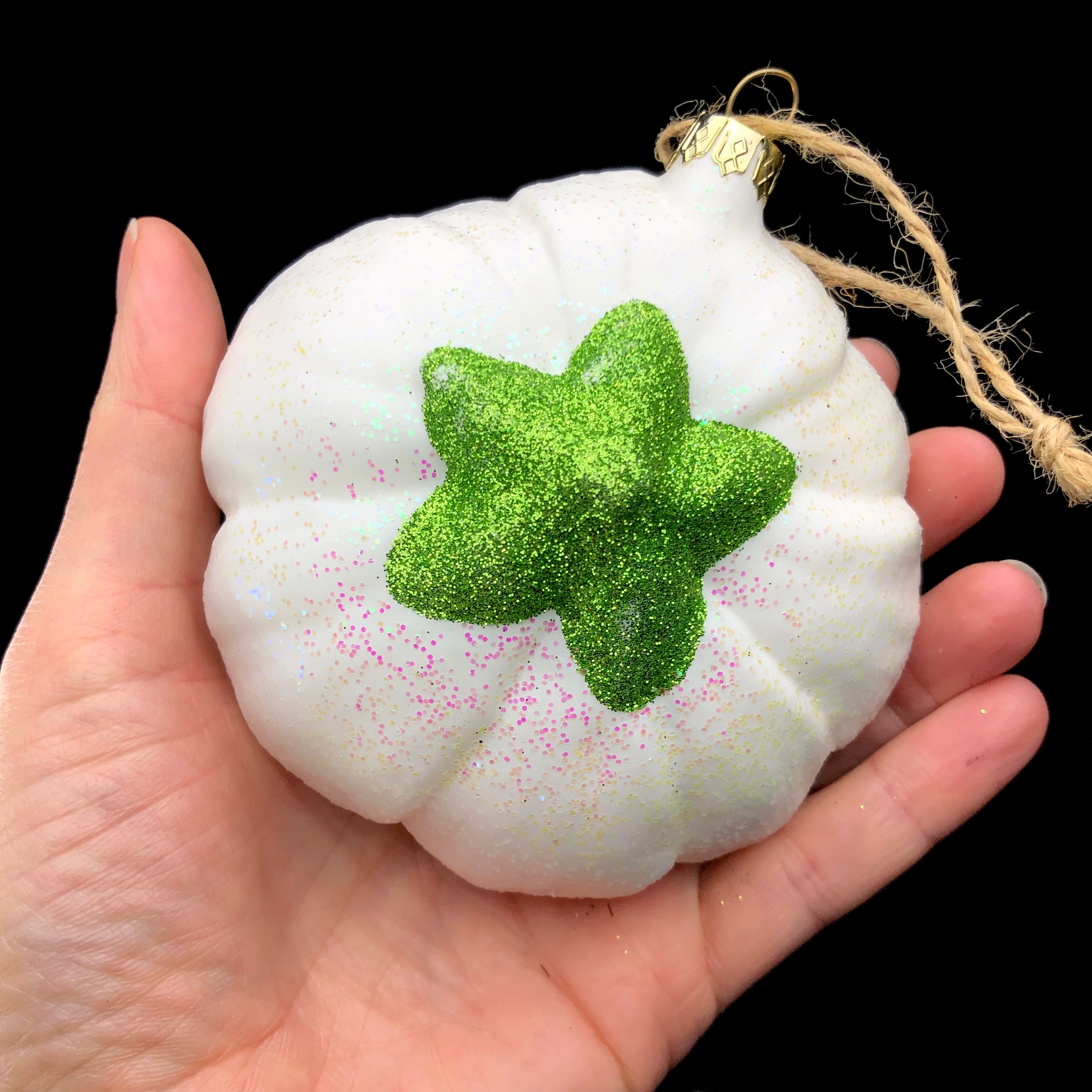 Back view of Peony Flower Ornament with green glitter 