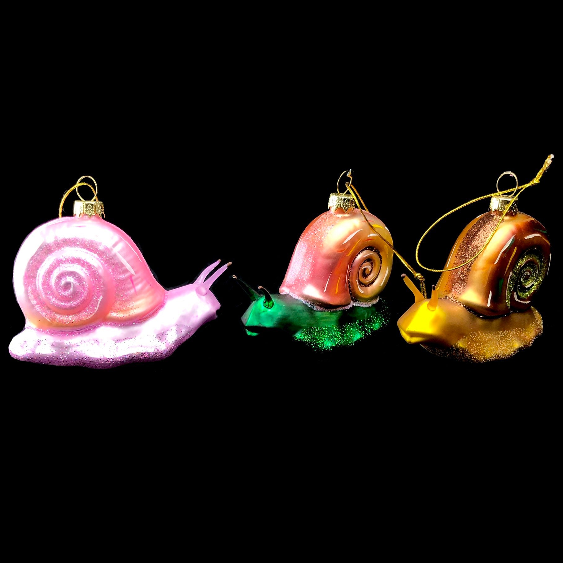 Three Snail Ornaments in pink, green and brown