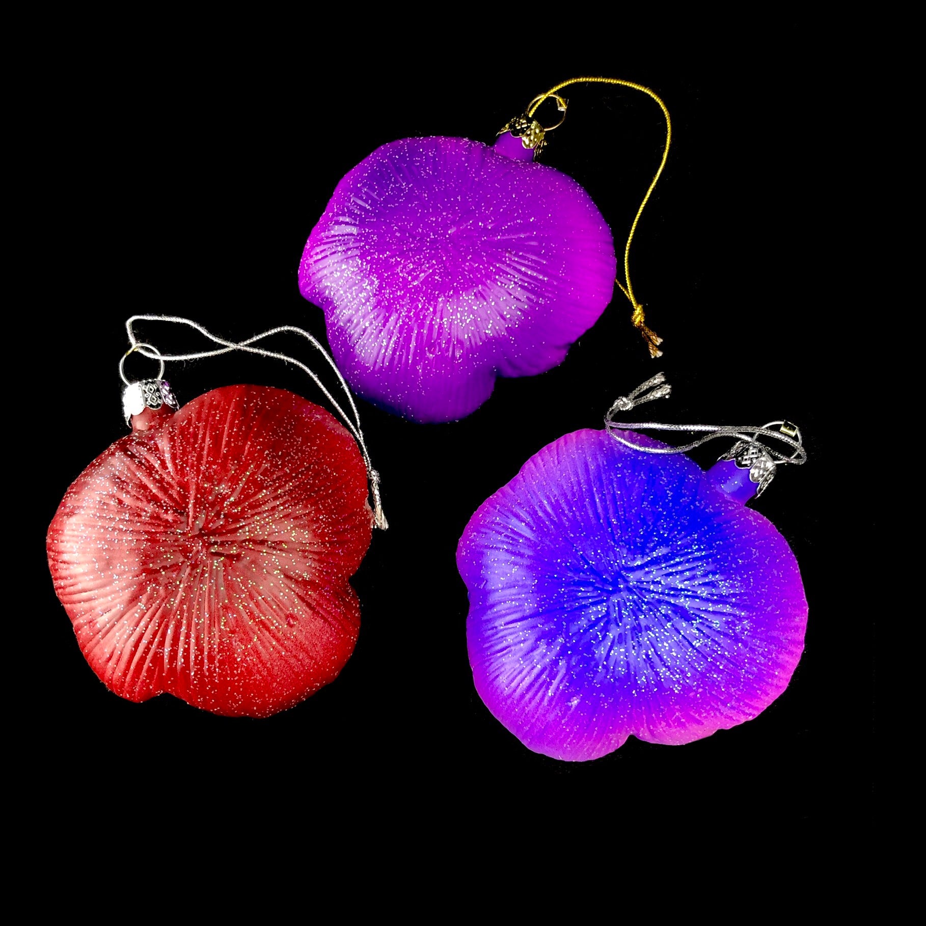 Back view of three pansy Ornaments
