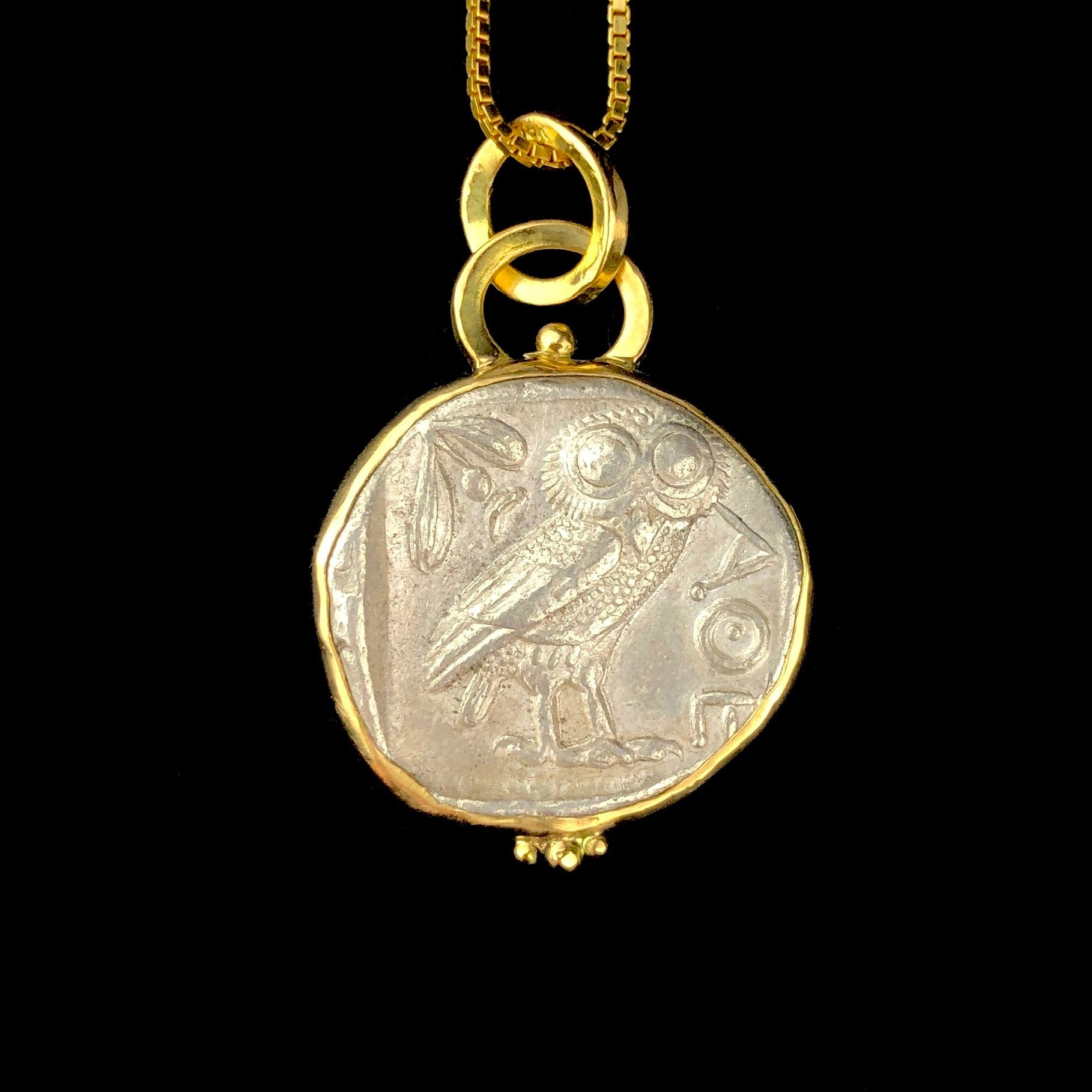 Owl standing center of Athena Tetradrachm coin Pendent 