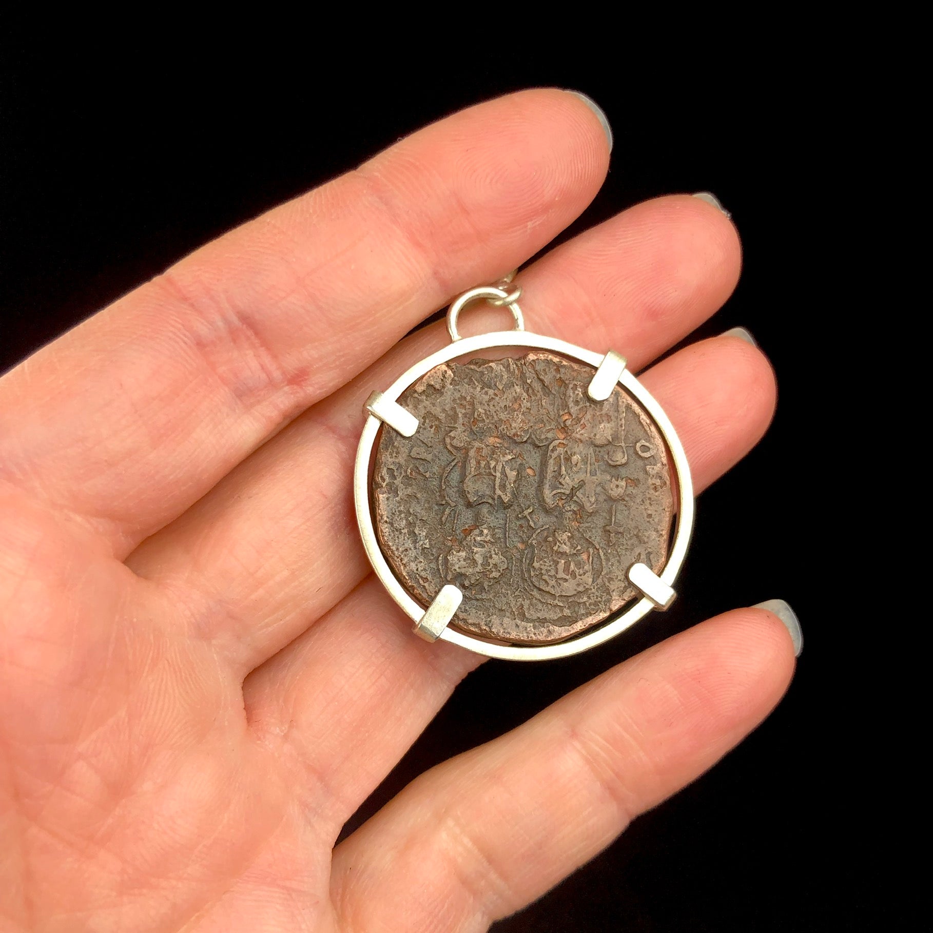 Back side of Byzantine Coin Pendent with emperors seated and set upside down
