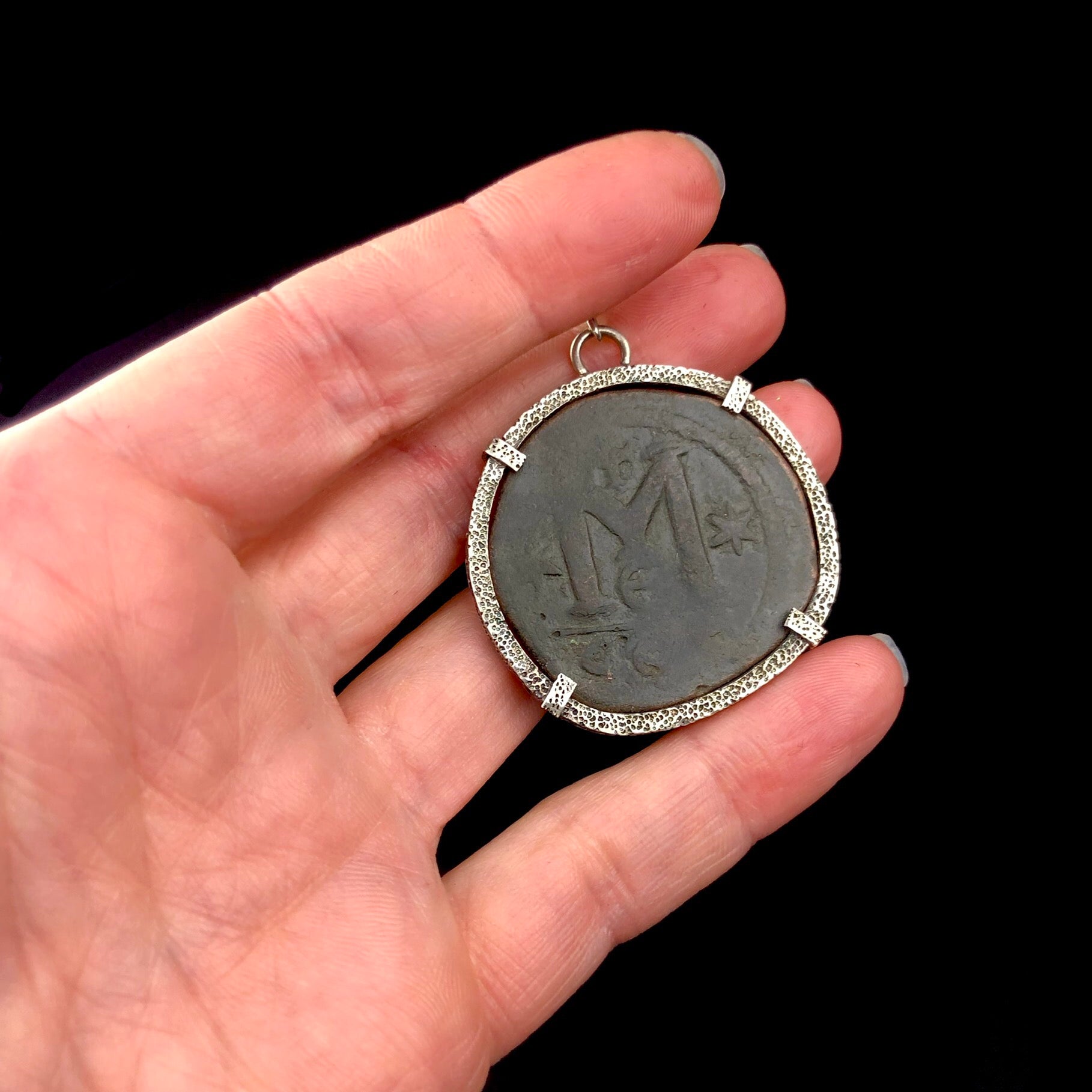 Front view of Byzantine Coin Silver Pendent with the letter M