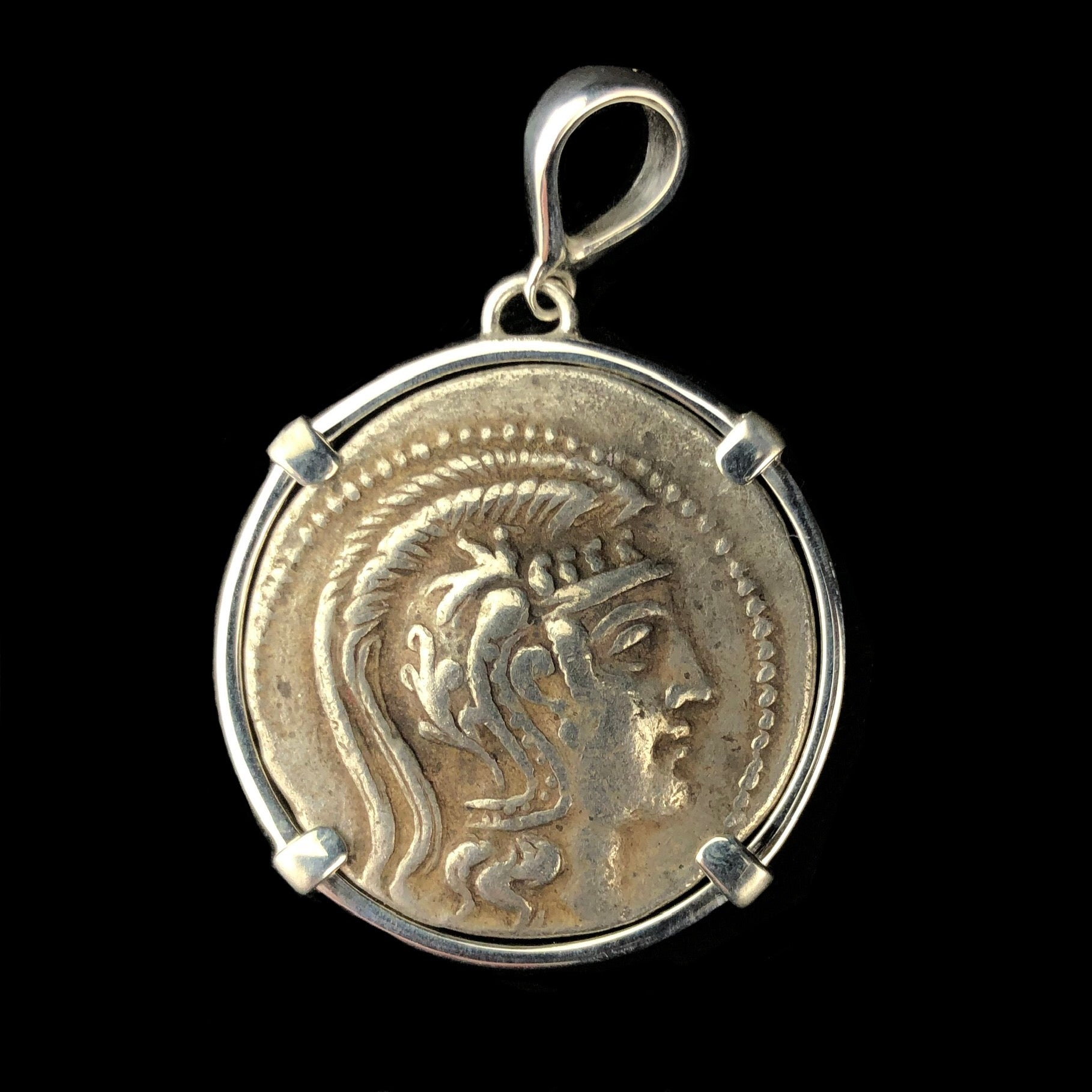 Front view of New Style Athena Tetradrachm Coin Pendent with Athenas face looking right