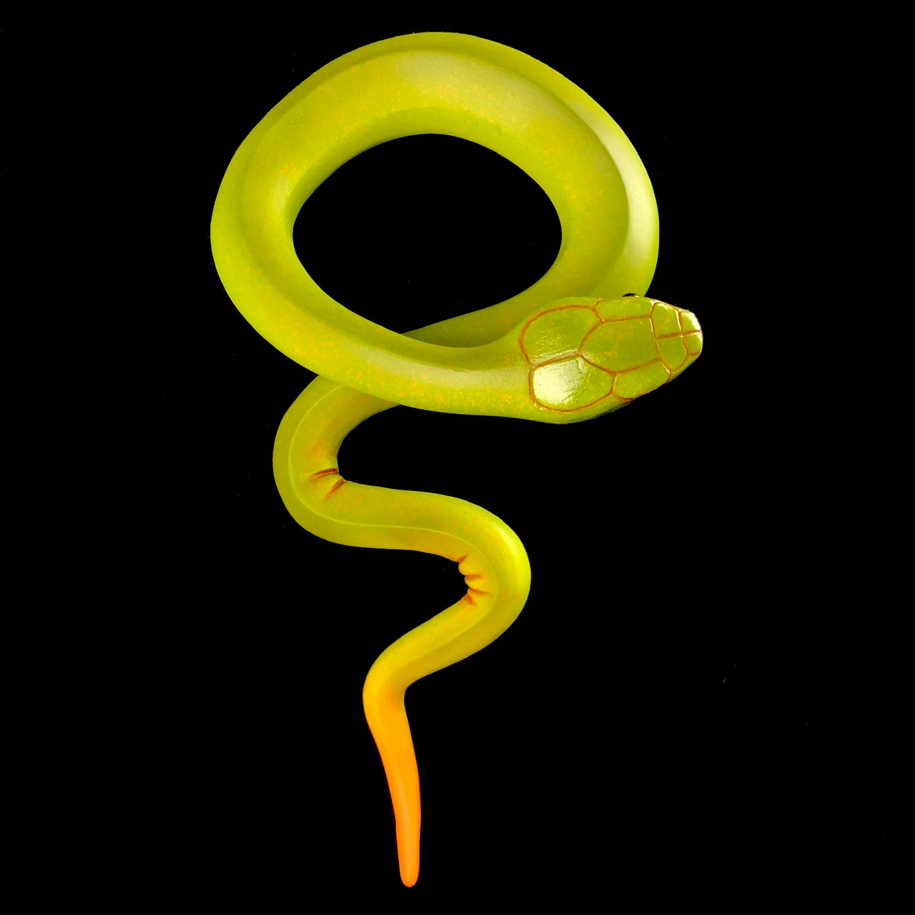 Front view of Green Snake Sculpture hanging on wall