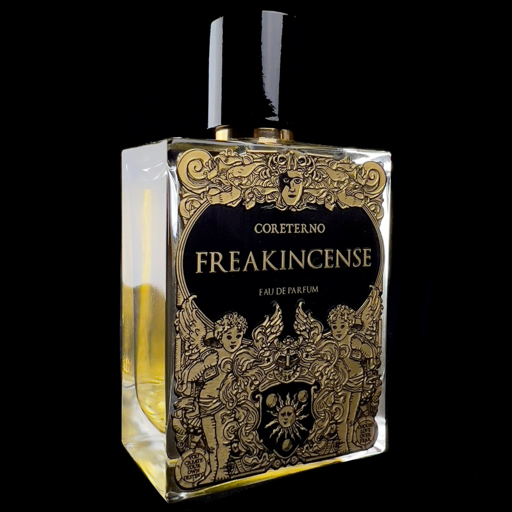 Front view of Freakinsense Parfum bottle with black and gold label