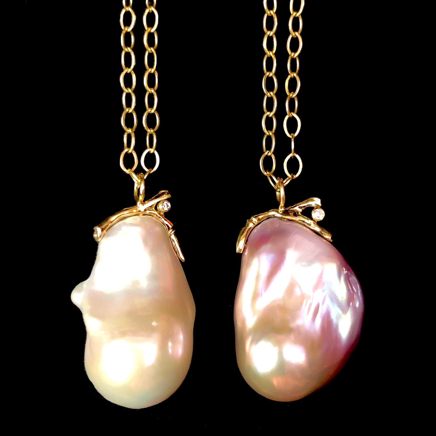 Pink Yangtze Pearl Necklace shown beside White Baroque Pearl Necklace by Jamie Joseph