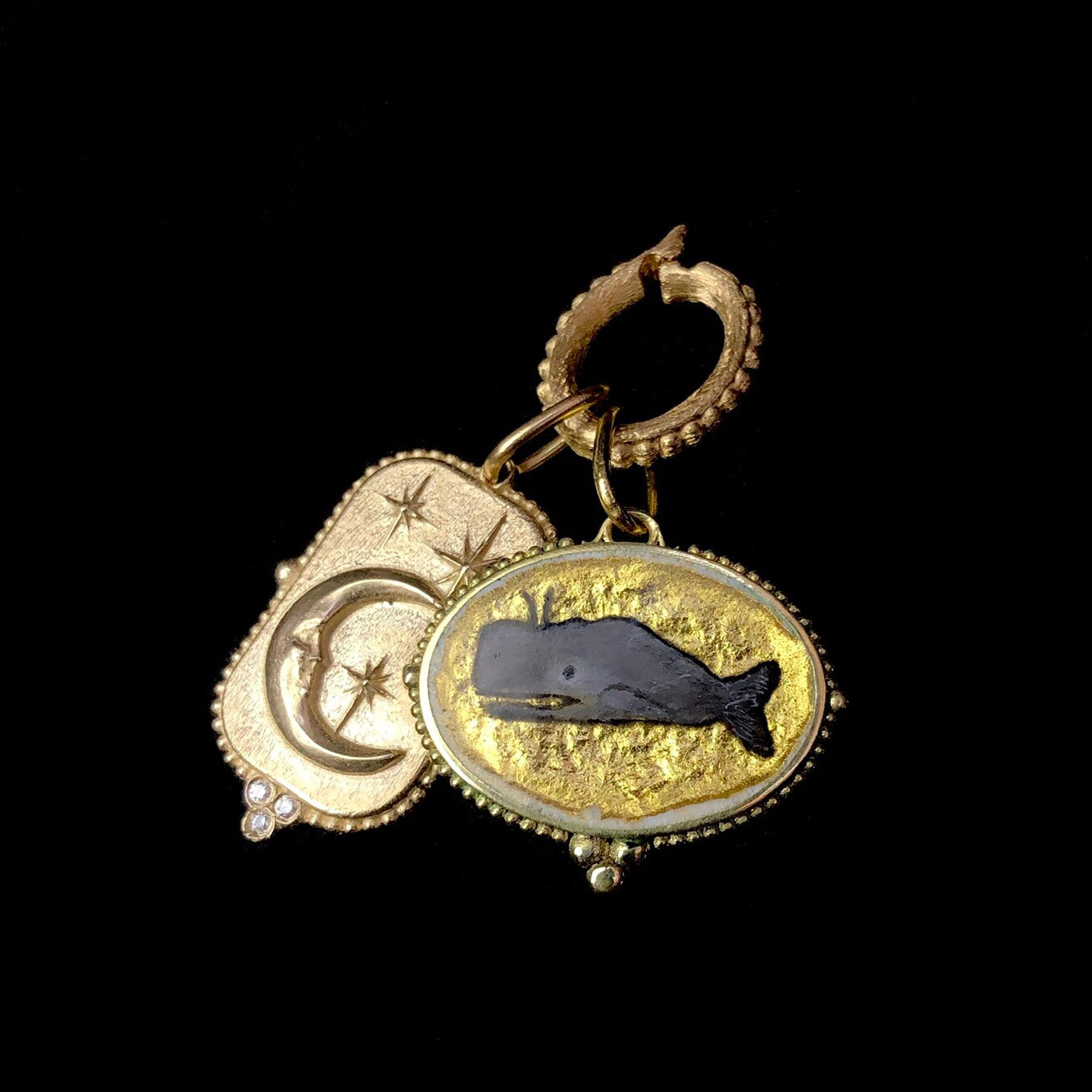Gold Foil Whale Charm with Large Man in the Moon Charm on Charm Holder