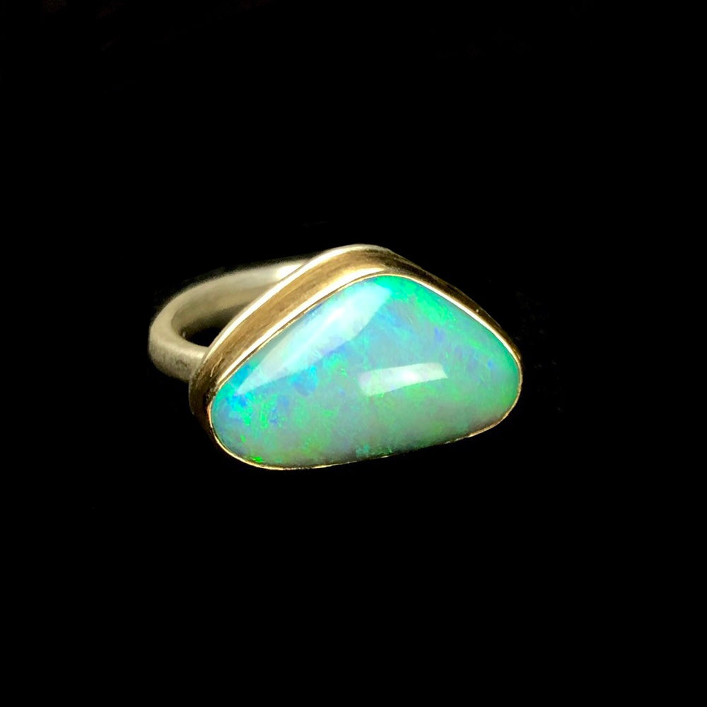 Triangular shaped green and blue opal stone ring