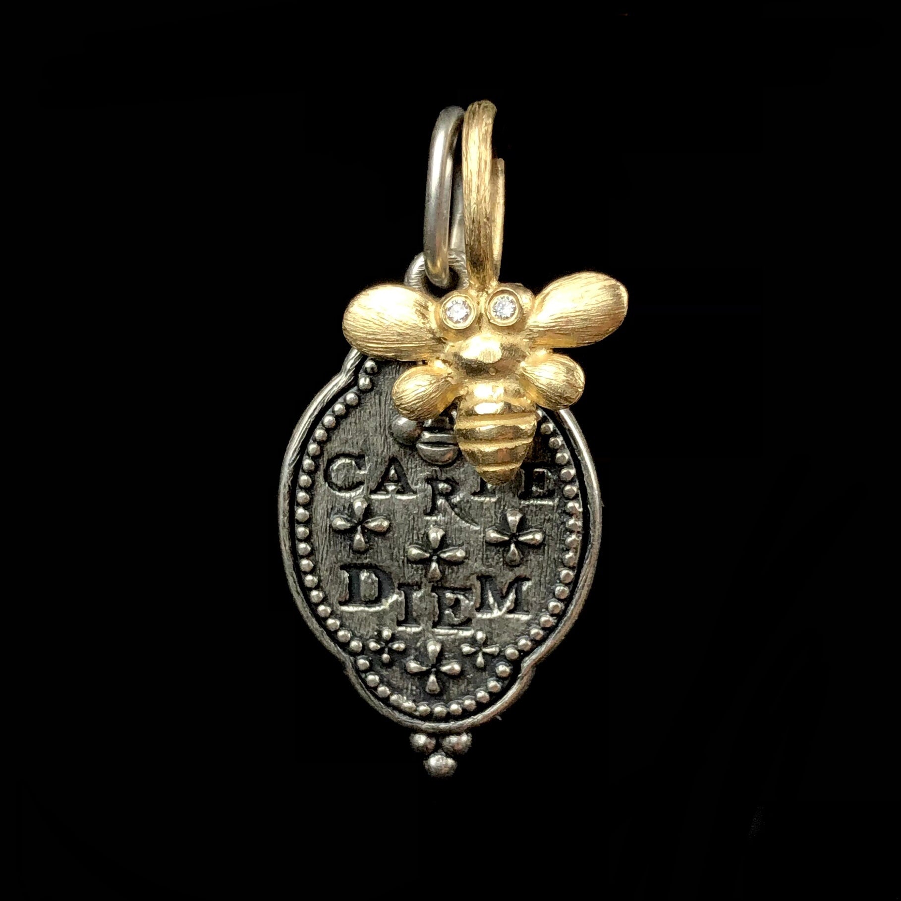 Queen Bee Silver Charm shown with Gold Diamond Eye Bee Charm