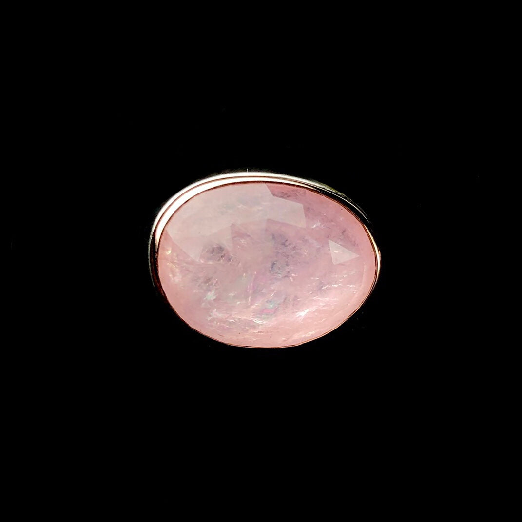 Front view of asymmetrical, rose-cut morganite stone ring