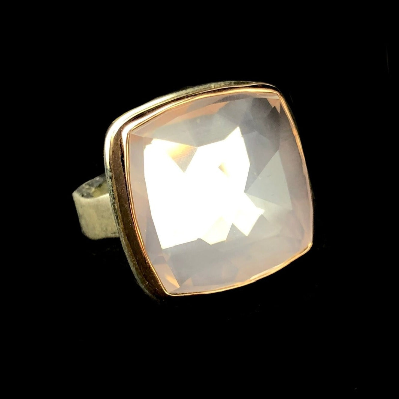 Front view of Square shaped pink colored rose quartz ring