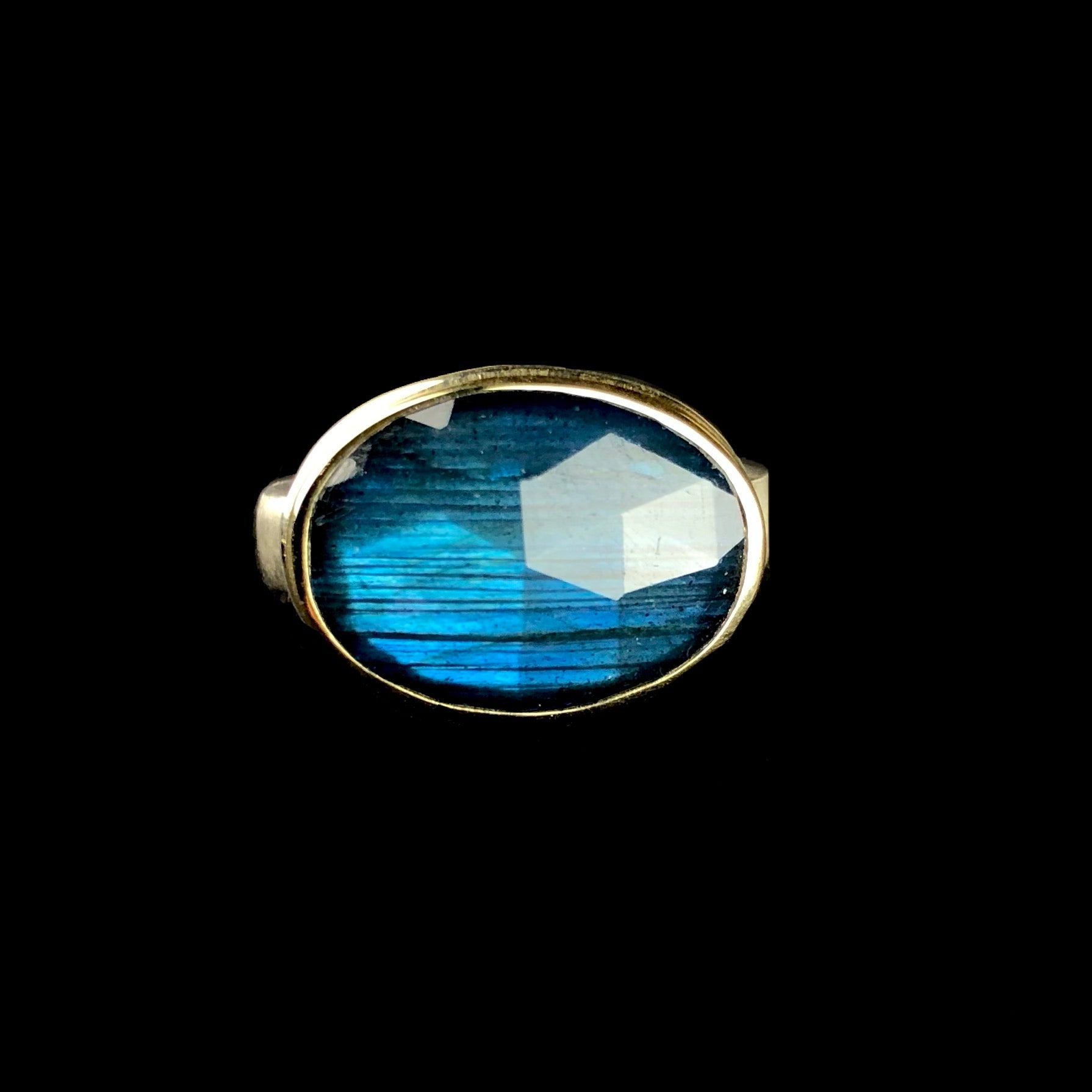 Front view of oval iridescent greenish blue labradorite stone ring