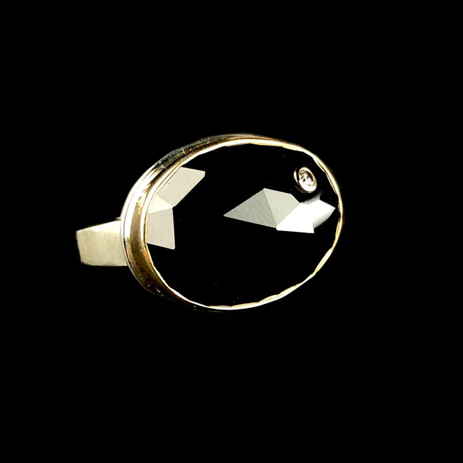 Front side view of rose cut surface of black onyx ring