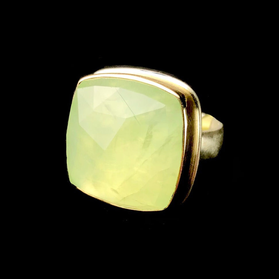 Front side view of gold setting and silver band of Square Prehnite Ring