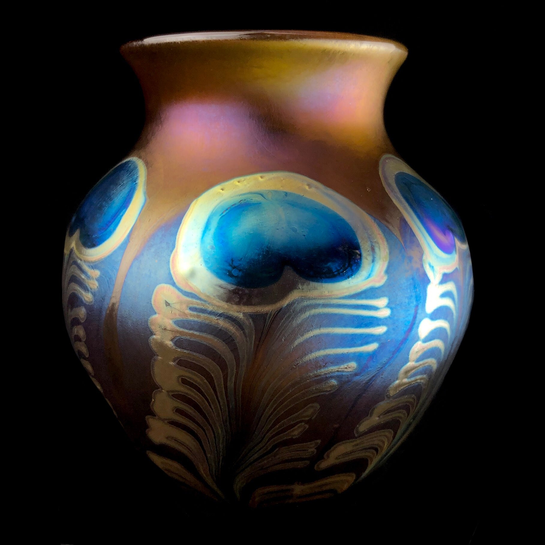 Front view of Amber Peacock Vase