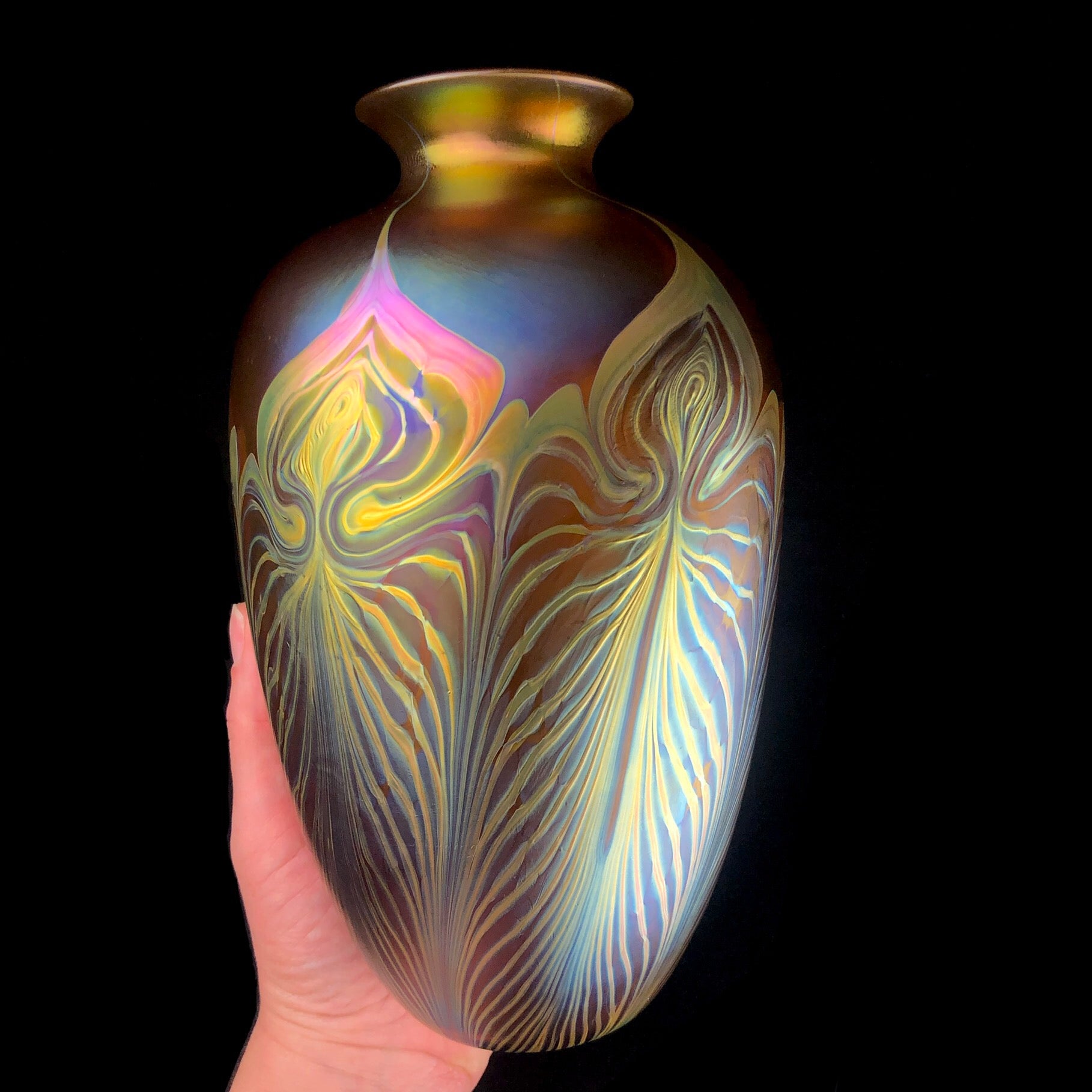 Amber Feathered Vase shown in hand