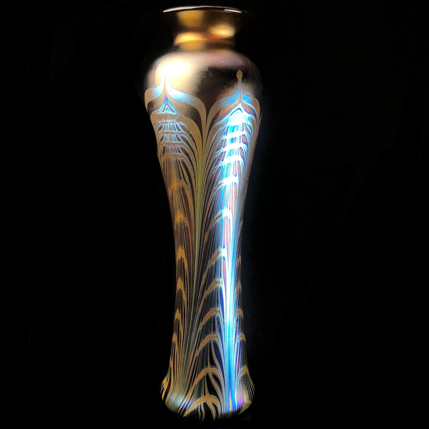Back view of Amber Cathedral Peacock Vase