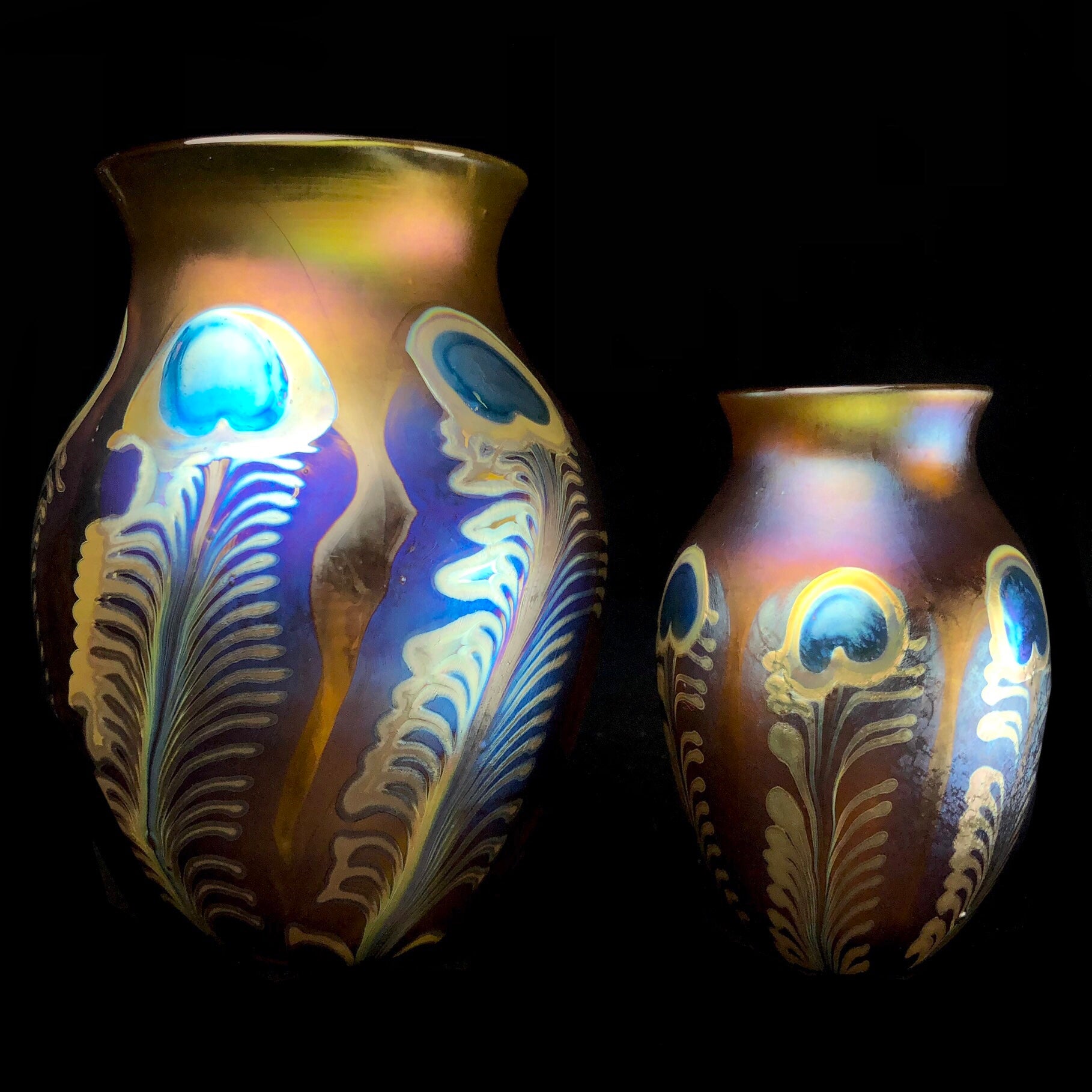 Small and Large Amber Feather Vase shown side by side