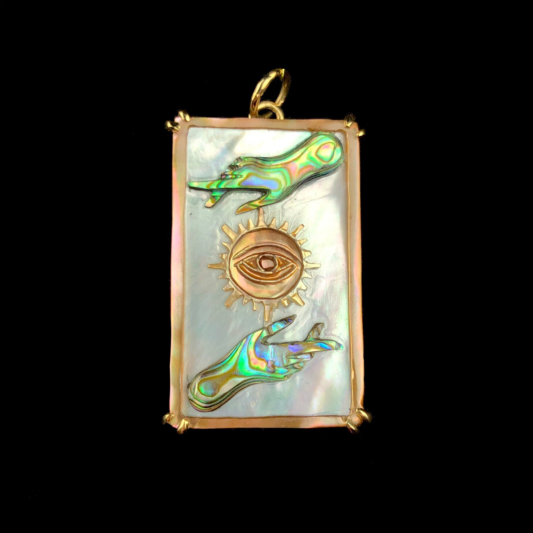 Front view of The Sun Tarot Card Charm pendant set in 14K Gold