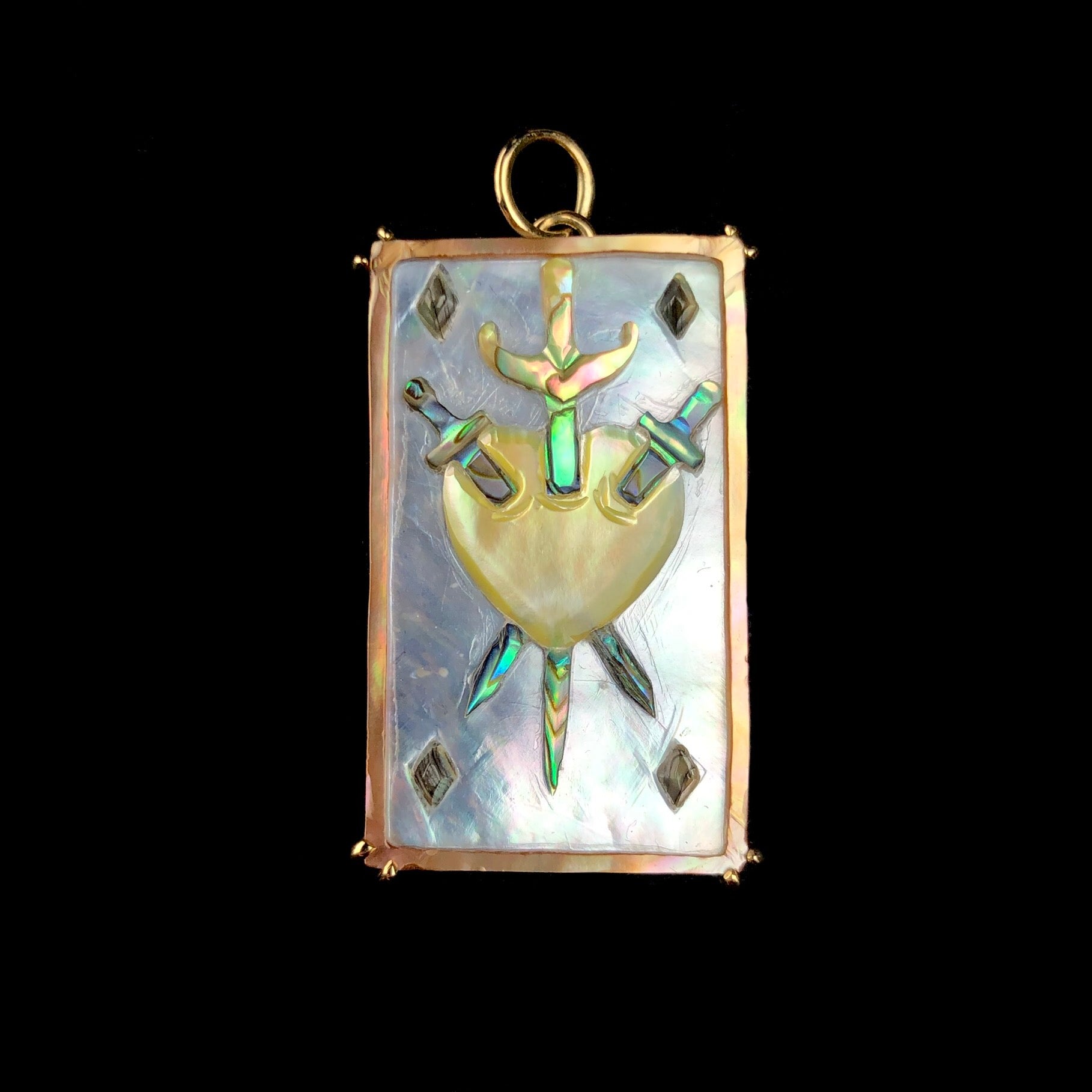 Front view of Three of Swords Tarot Card Charm pendant set in 14K gold