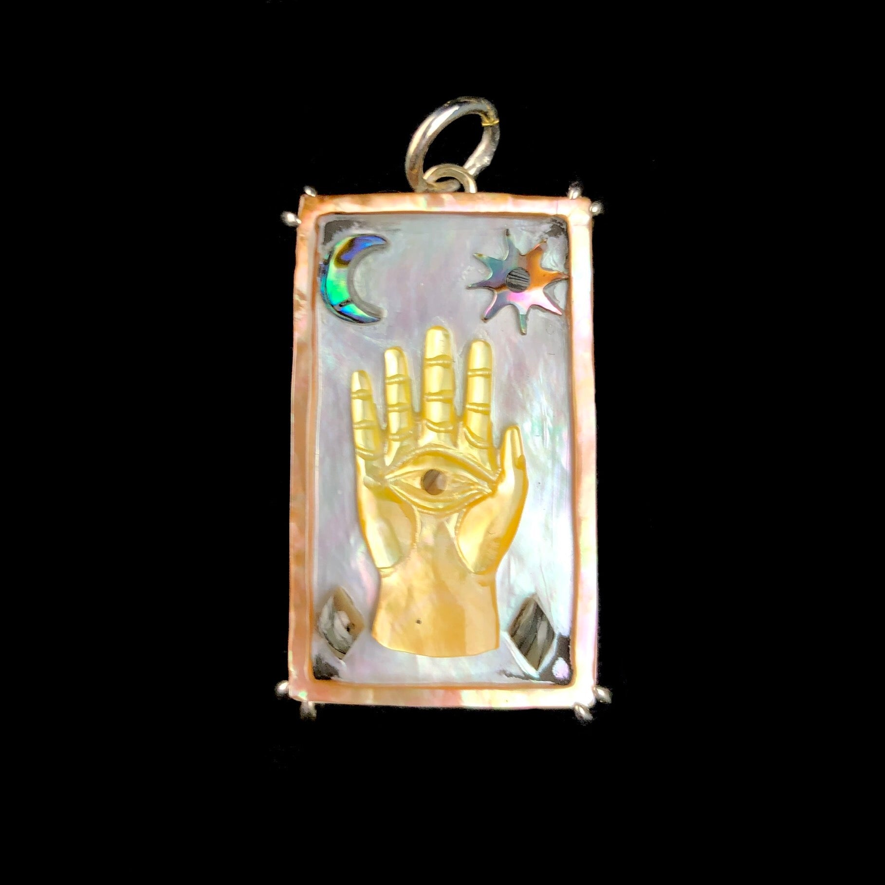 Front view of Sacred Hand Tablet Charm pendant with silver setting