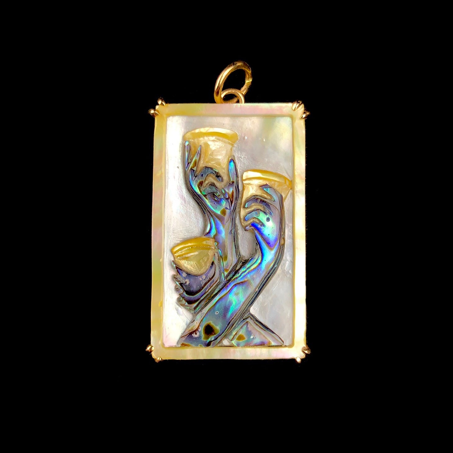 Front view of Three of Cups Tarot Card Charm pendant set in Gold