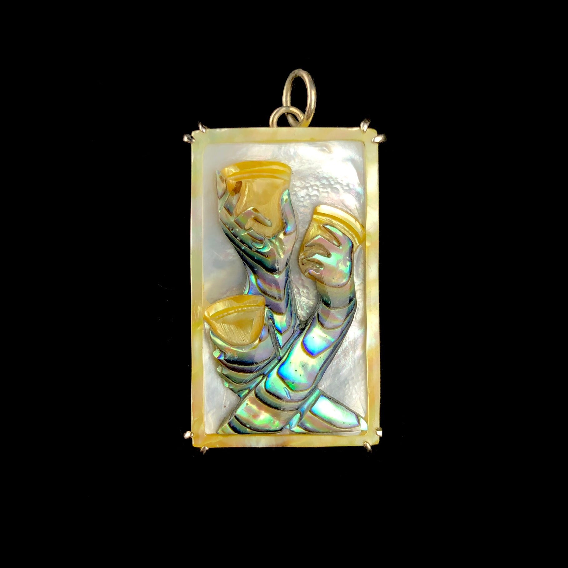 Front view of Three of Cups Tarot Card Charm pendant set in silver