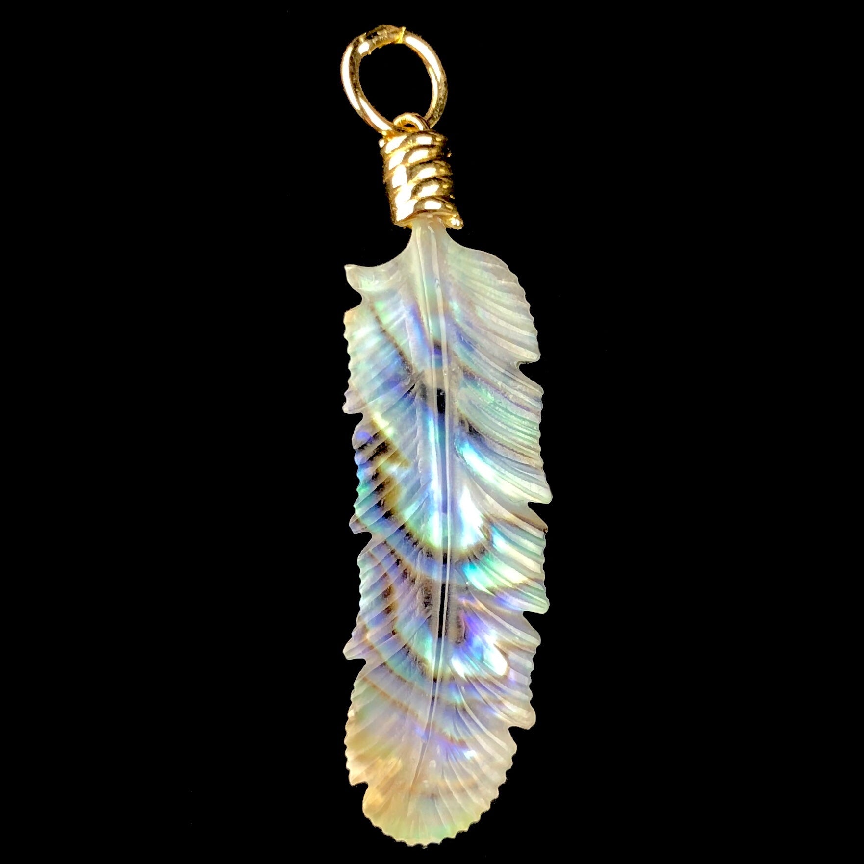Front view of Luminescent Feather Charm with blue green color of abalone