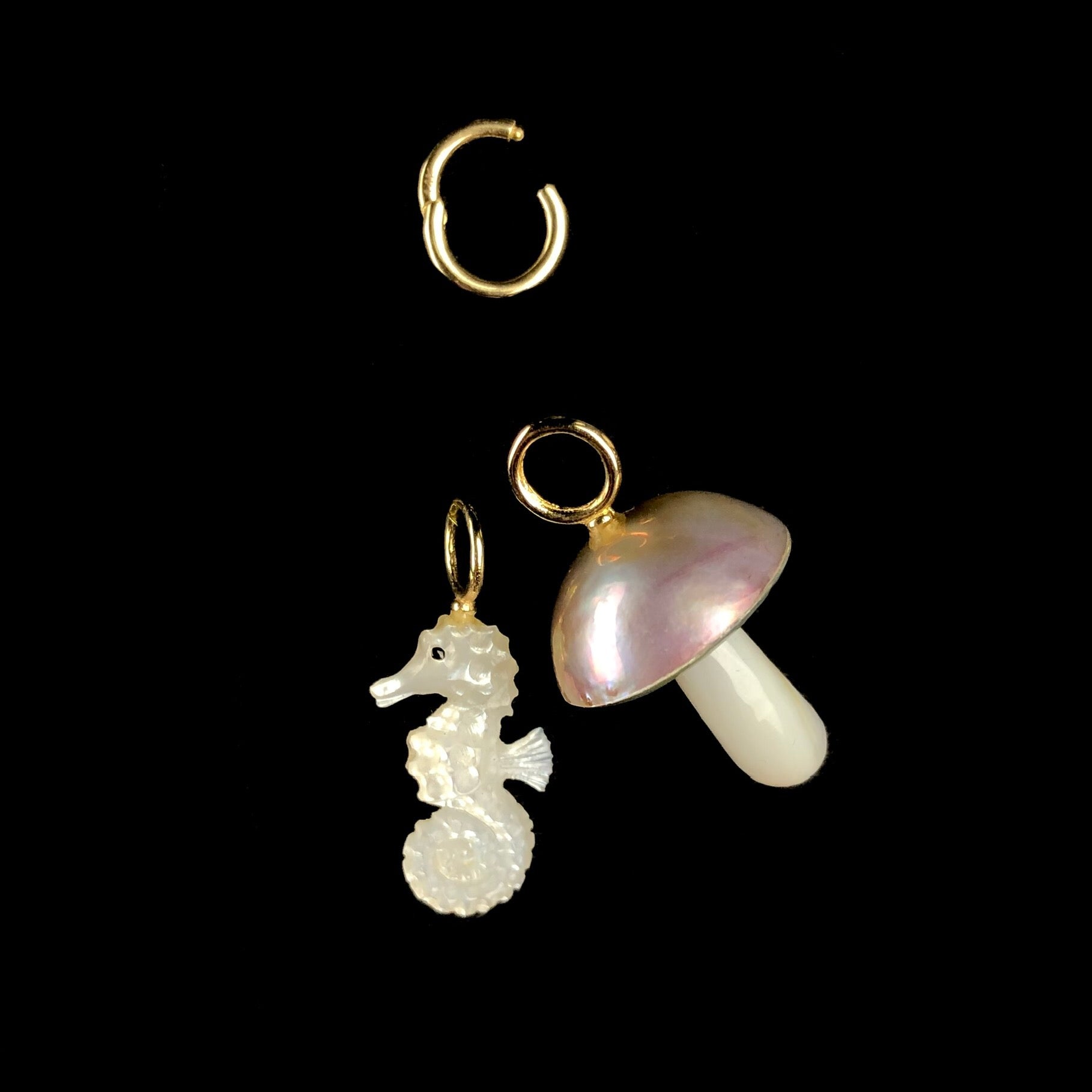 Mother of Pearl Seahorse Charm shown with Mushroom Charm and charm holder