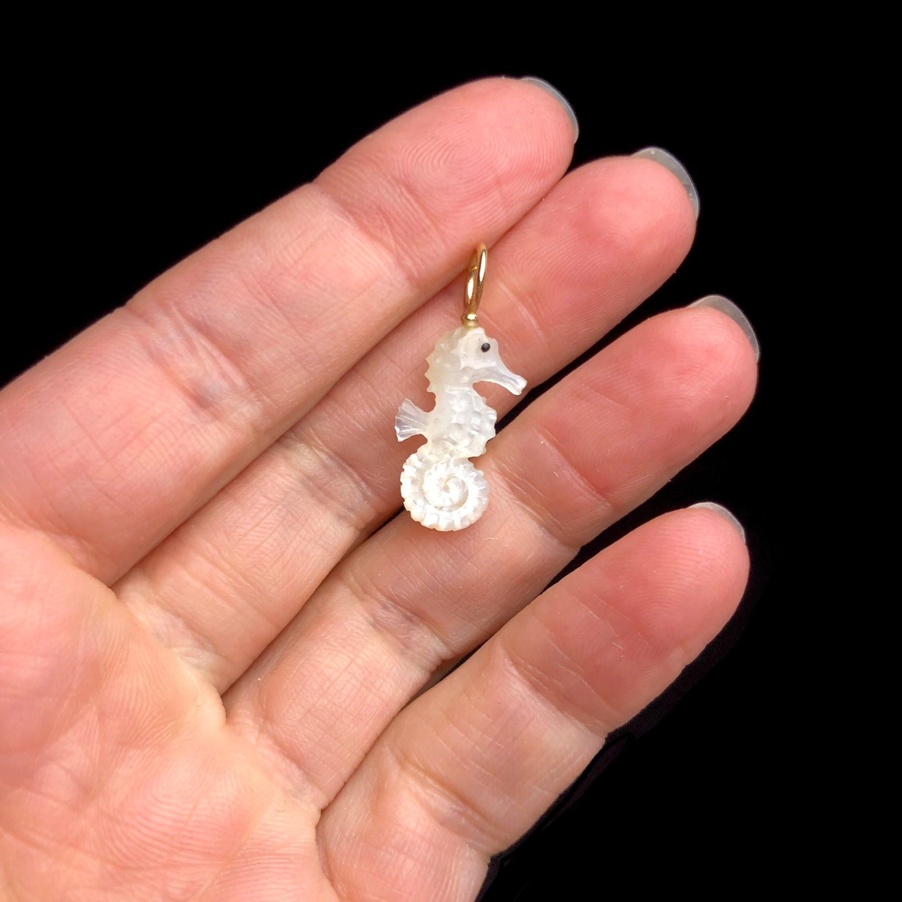 Mother of Pearl Seahorse Charm shown in hand
