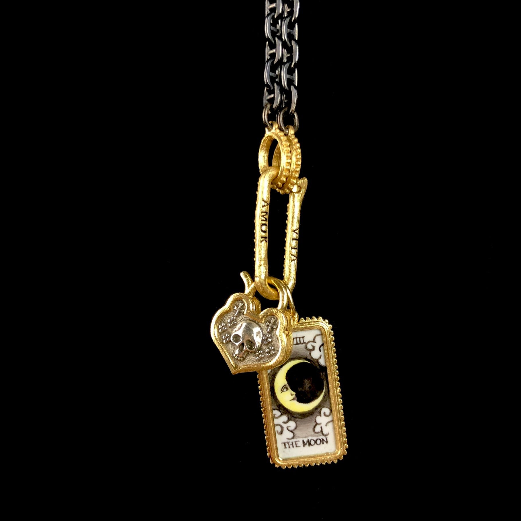 Moon Tarot Card Charm with Skull Padlock, Diamond Charm Holder and Gold Ended Chain 