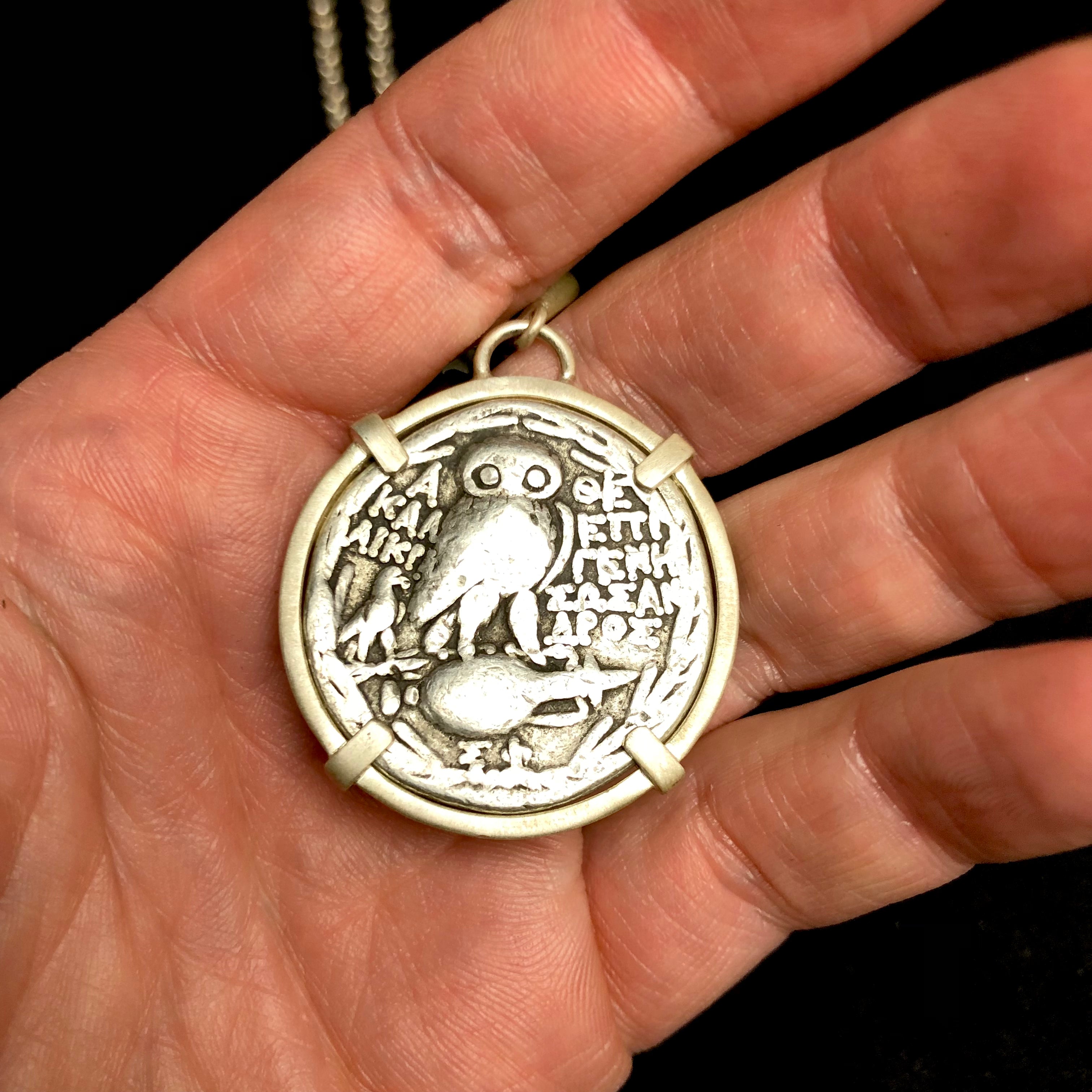 Owl on reverse of Greek Athena Coin Pendent