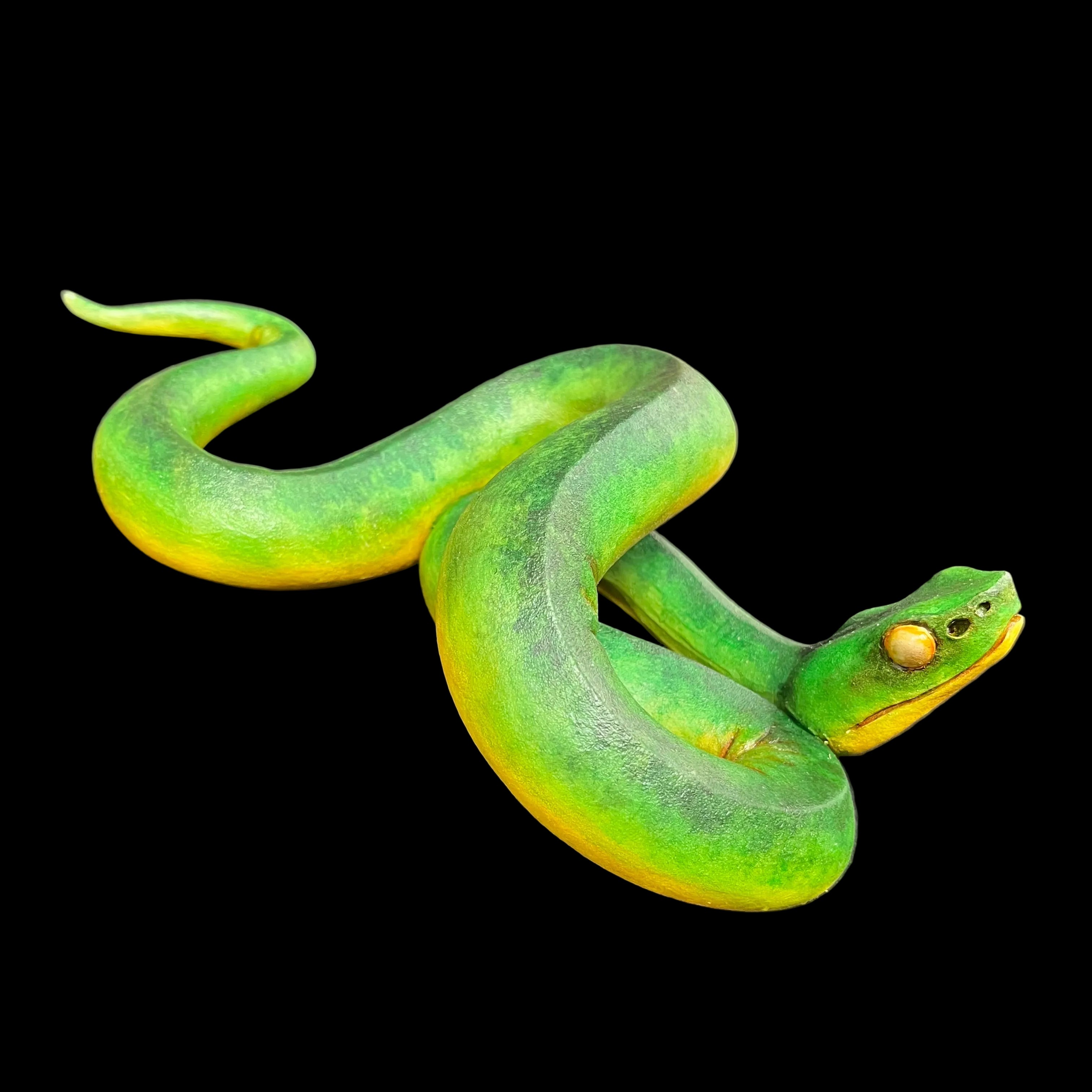 Green snake model on a black surface with blurred background