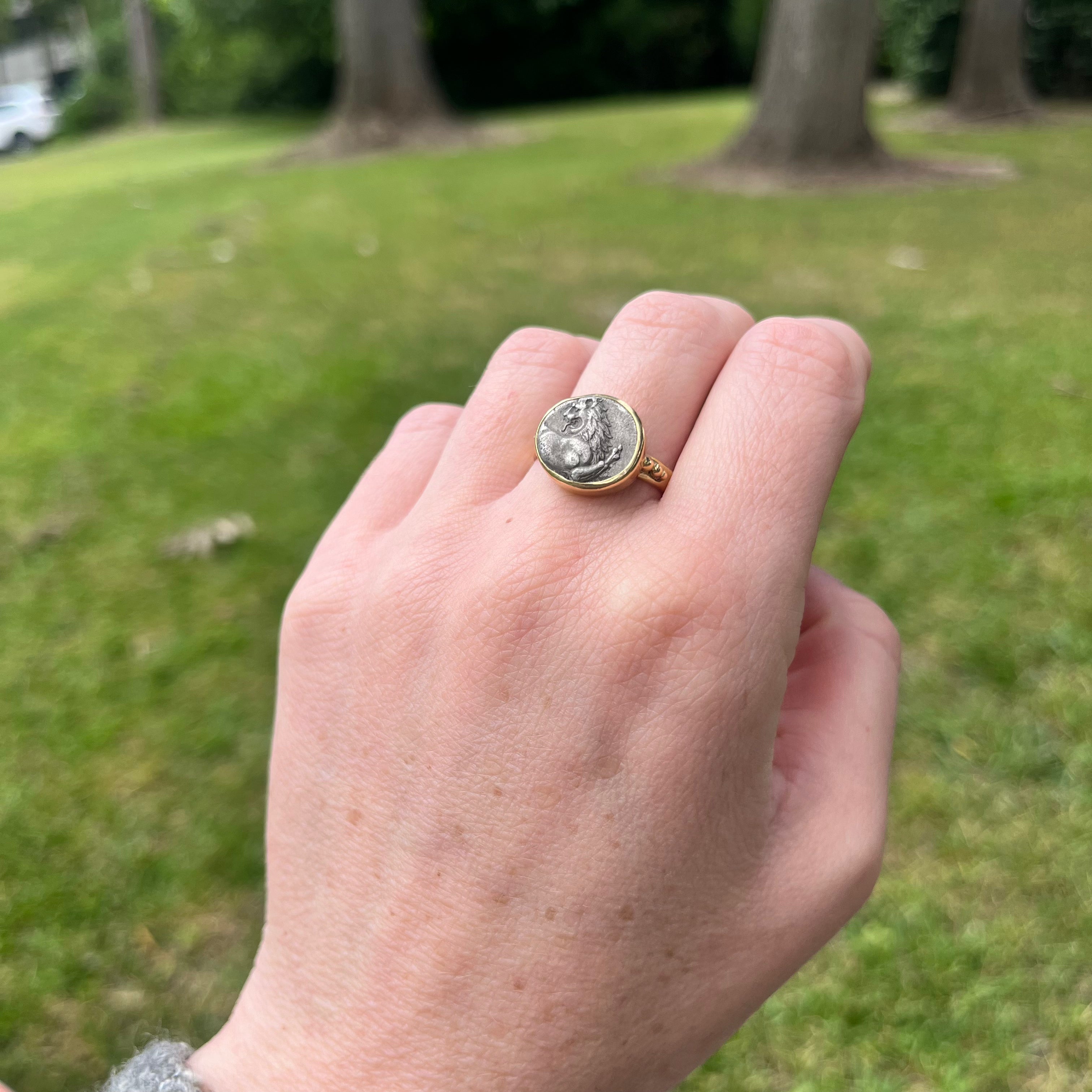 Hand wearing a ring with a coin design against a grassy background
