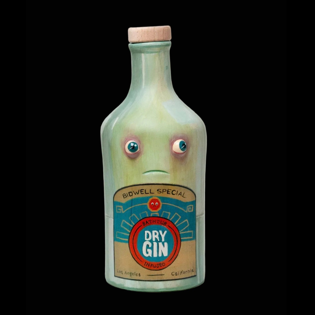 Gin Bottle Art Sculpture with bloodshot eyes and sad face