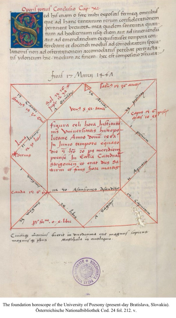 Geometric lines forming squares with red ancient looking hand written text with stamp from university library at bottom